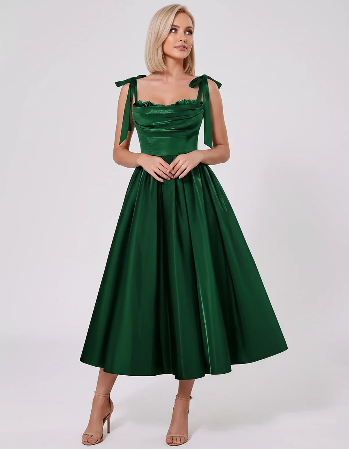 Satin Spaghetti Strap Cowl Neck A-Line Midi Dress with 3D Flowers for Prom, Party, Cocktail, Evening & Wedding Guest Events, | SKU: CM-641758203947516-GREEN-L,CM-641758203947516-GREEN-M,CM-641758203947516-GREEN-S,CM-641758203947516-GREEN-XL,CM-641758203947516-GREEN-XS
