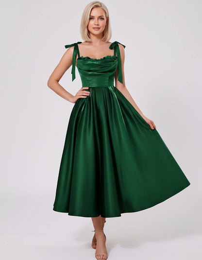 Satin Spaghetti Strap Cowl Neck A-Line Midi Dress with 3D Flowers for Prom, Party, Cocktail, Evening & Wedding Guest Events, | SKU: CM-641758203947516-GREEN-L,CM-641758203947516-GREEN-M,CM-641758203947516-GREEN-S,CM-641758203947516-GREEN-XL,CM-641758203947516-GREEN-XS