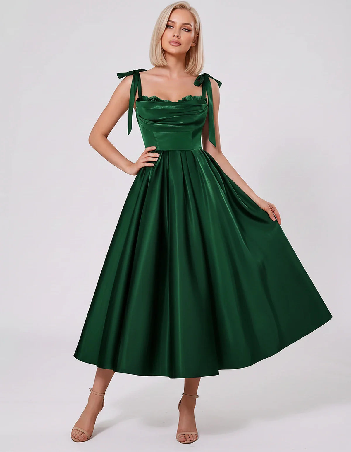Satin Spaghetti Strap Cowl Neck A-Line Midi Dress with 3D Flowers for Prom, Party, Cocktail, Evening & Wedding Guest Events, | SKU: CM-641758203947516-GREEN-L,CM-641758203947516-GREEN-M,CM-641758203947516-GREEN-S,CM-641758203947516-GREEN-XL,CM-641758203947516-GREEN-XS