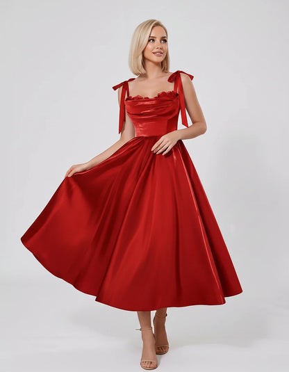 Satin Spaghetti Strap Cowl Neck A-Line Midi Dress with 3D Flowers for Prom, Party, Cocktail, Evening & Wedding Guest Events, | SKU: CM-641758203947516-RED-L,CM-641758203947516-RED-M,CM-641758203947516-RED-S,CM-641758203947516-RED-XL,CM-641758203947516-RED-XS