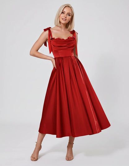 Satin Spaghetti Strap Cowl Neck A-Line Midi Dress with 3D Flowers for Prom, Party, Cocktail, Evening & Wedding Guest Events, | SKU: CM-641758203947516-RED-L,CM-641758203947516-RED-M,CM-641758203947516-RED-S,CM-641758203947516-RED-XL,CM-641758203947516-RED-XS