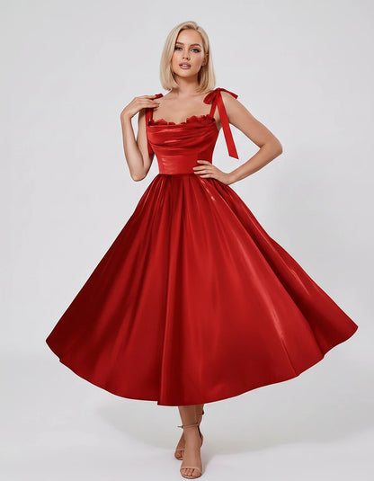 Satin Spaghetti Strap Cowl Neck A-Line Midi Dress with 3D Flowers for Prom, Party, Cocktail, Evening & Wedding Guest Events, | SKU: CM-641758203947516-RED-L,CM-641758203947516-RED-M,CM-641758203947516-RED-S,CM-641758203947516-RED-XL,CM-641758203947516-RED-XS