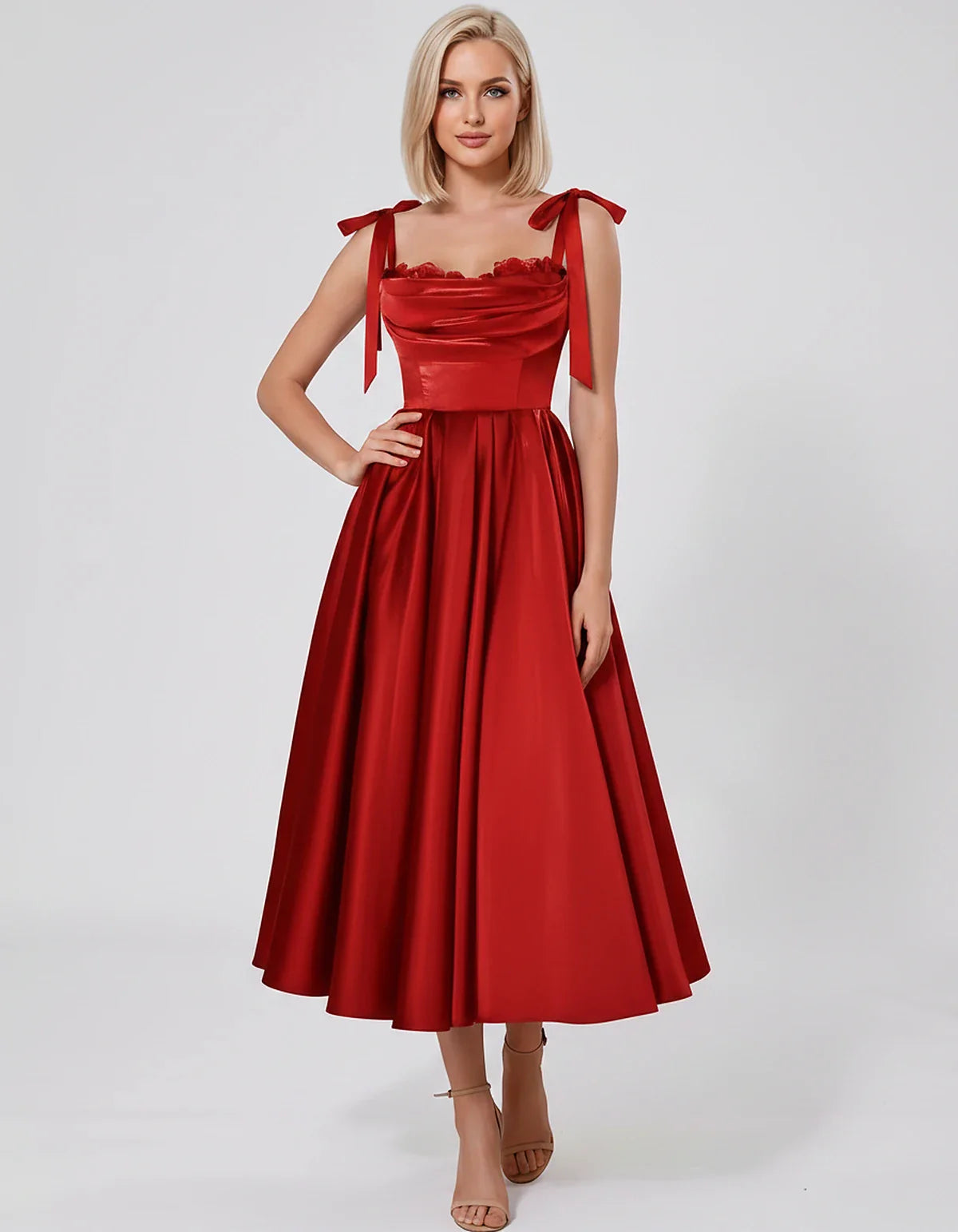 Satin Spaghetti Strap Cowl Neck A-Line Midi Dress with 3D Flowers for Prom, Party, Cocktail, Evening & Wedding Guest Events, | SKU: CM-641758203947516-RED-L,CM-641758203947516-RED-M,CM-641758203947516-RED-S,CM-641758203947516-RED-XL,CM-641758203947516-RED-XS