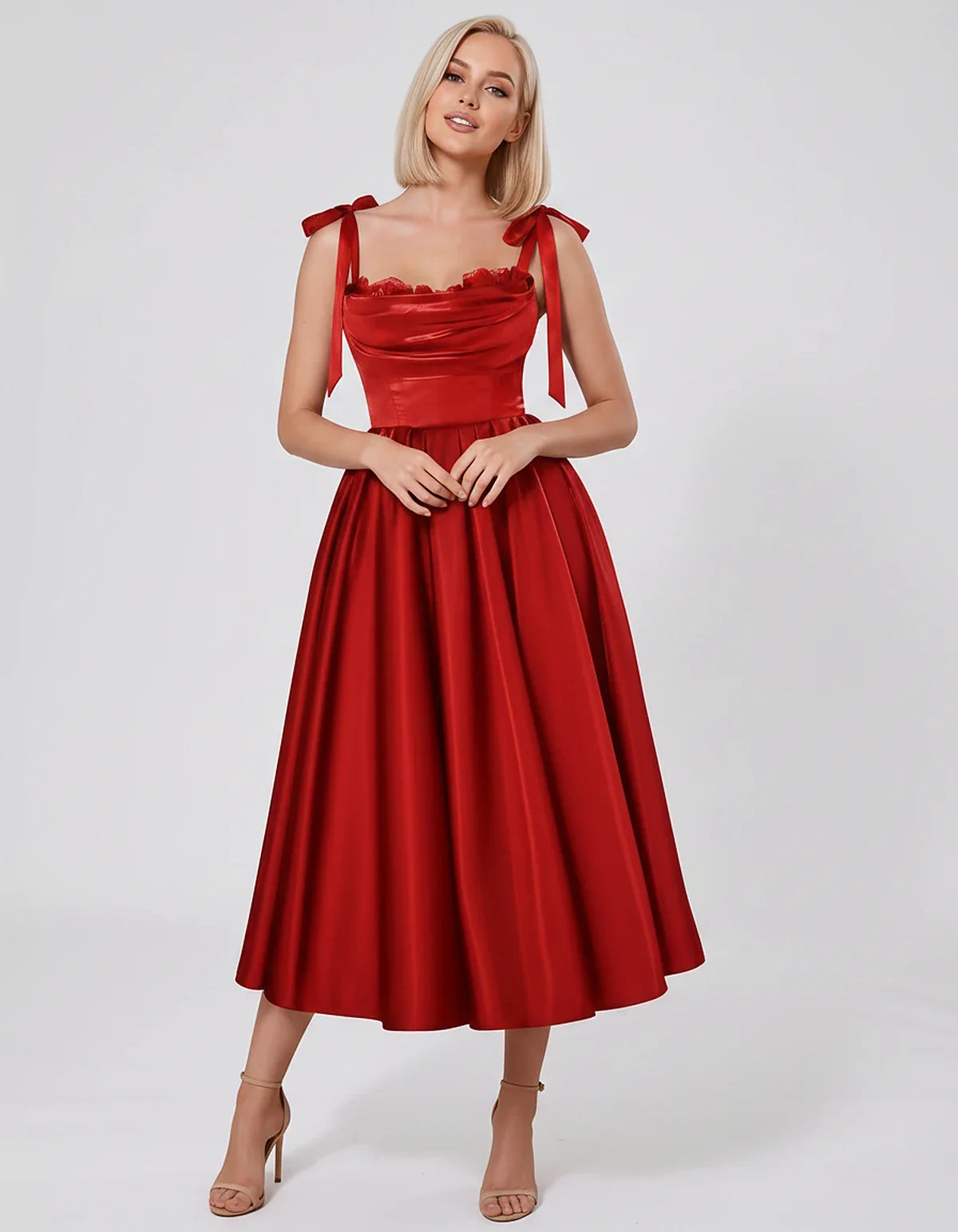 Satin Spaghetti Strap Cowl Neck A-Line Midi Dress with 3D Flowers for Prom, Party, Cocktail, Evening & Wedding Guest Events, | SKU: CM-641758203947516-RED-L,CM-641758203947516-RED-M,CM-641758203947516-RED-S,CM-641758203947516-RED-XL,CM-641758203947516-RED-XS