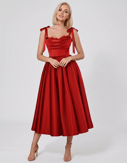 Satin Spaghetti Strap Cowl Neck A-Line Midi Dress with 3D Flowers for Prom, Party, Cocktail, Evening & Wedding Guest Events, | SKU: CM-641758203947516-RED-L,CM-641758203947516-RED-M,CM-641758203947516-RED-S,CM-641758203947516-RED-XL,CM-641758203947516-RED-XS