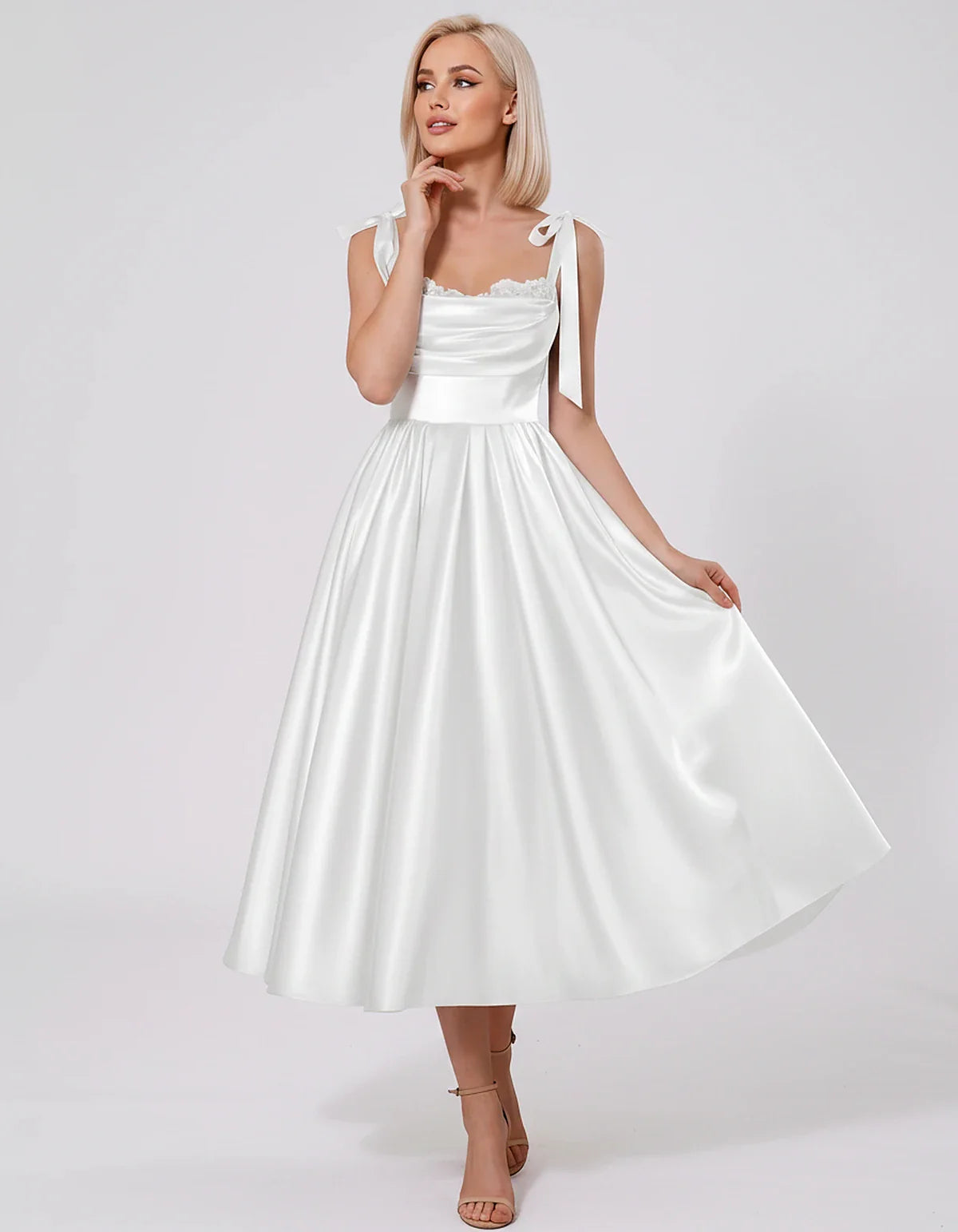 Satin Spaghetti Strap Cowl Neck A-Line Midi Dress with 3D Flowers for Prom, Party, Cocktail, Evening & Wedding Guest Events, | SKU: CM-641758203947516-WHITE-L,CM-641758203947516-WHITE-M,CM-641758203947516-WHITE-S,CM-641758203947516-WHITE-XL,CM-641758203947516-WHITE-XS