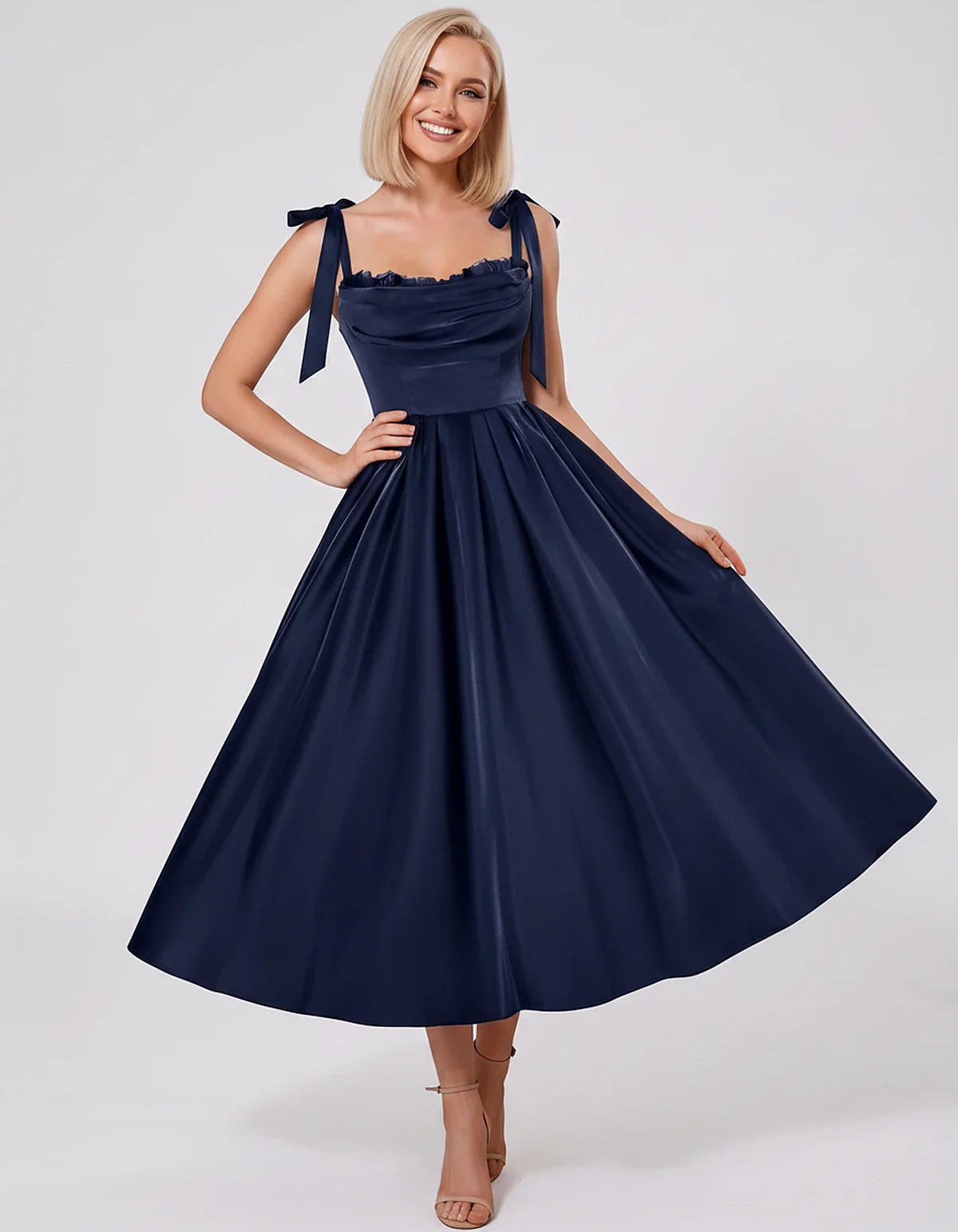 Satin Spaghetti Strap Cowl Neck A-Line Midi Dress with 3D Flowers for Prom, Party, Cocktail, Evening & Wedding Guest Events, | SKU: CM-641758203947516-NAVY-L,CM-641758203947516-NAVY-M,CM-641758203947516-NAVY-S,CM-641758203947516-NAVY-XL,CM-641758203947516-NAVY-XS