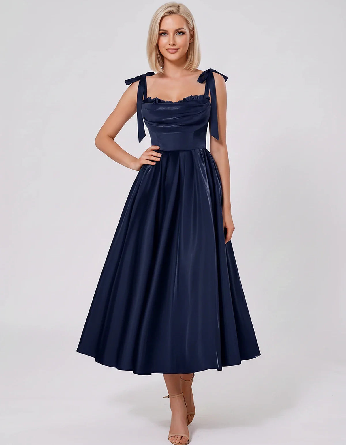 Satin Spaghetti Strap Cowl Neck A-Line Midi Dress with 3D Flowers for Prom, Party, Cocktail, Evening & Wedding Guest Events, | SKU: CM-641758203947516-NAVY-L,CM-641758203947516-NAVY-M,CM-641758203947516-NAVY-S,CM-641758203947516-NAVY-XL,CM-641758203947516-NAVY-XS