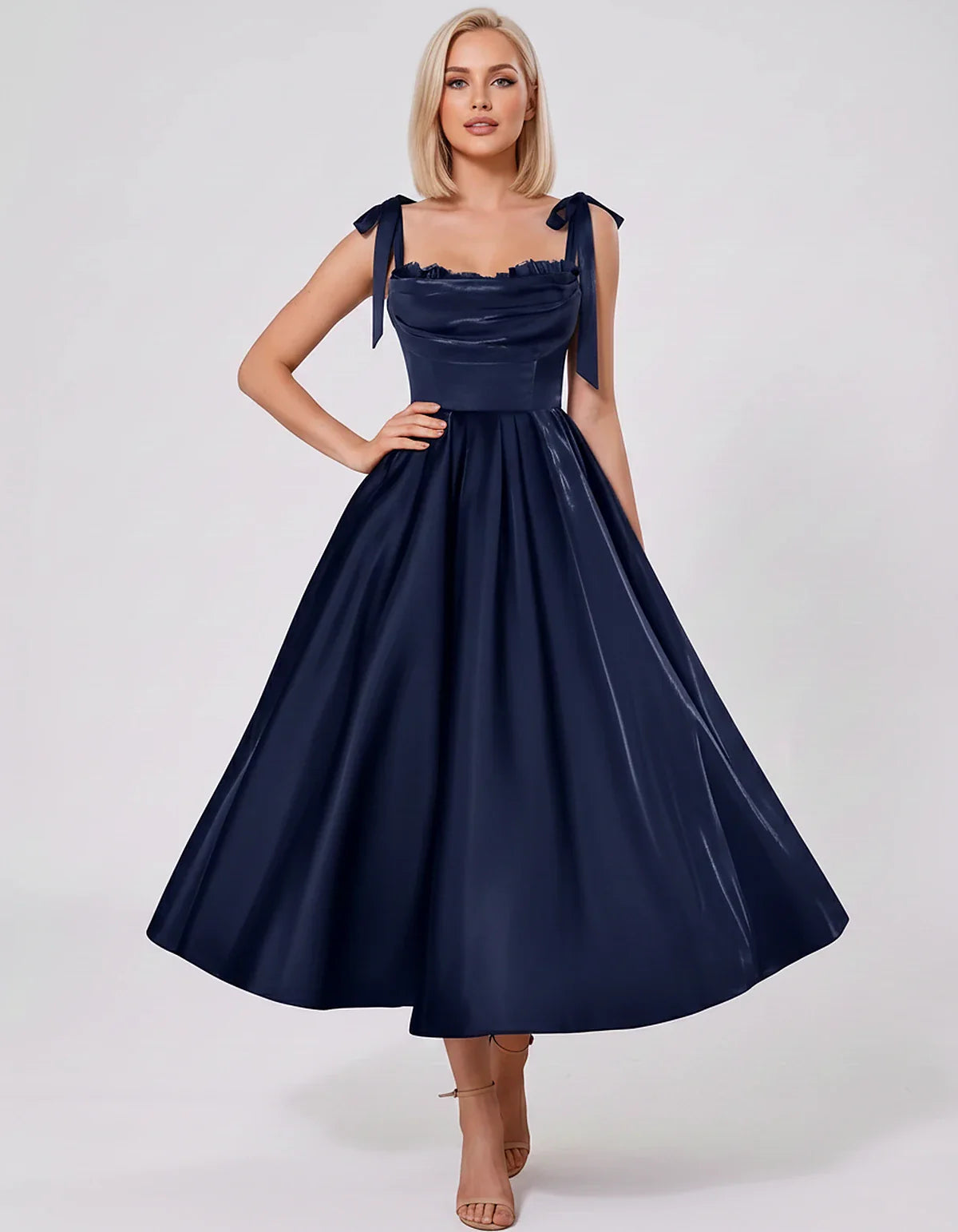 Satin Spaghetti Strap Cowl Neck A-Line Midi Dress with 3D Flowers for Prom, Party, Cocktail, Evening & Wedding Guest Events, | SKU: CM-641758203947516-NAVY-L,CM-641758203947516-NAVY-M,CM-641758203947516-NAVY-S,CM-641758203947516-NAVY-XL,CM-641758203947516-NAVY-XS