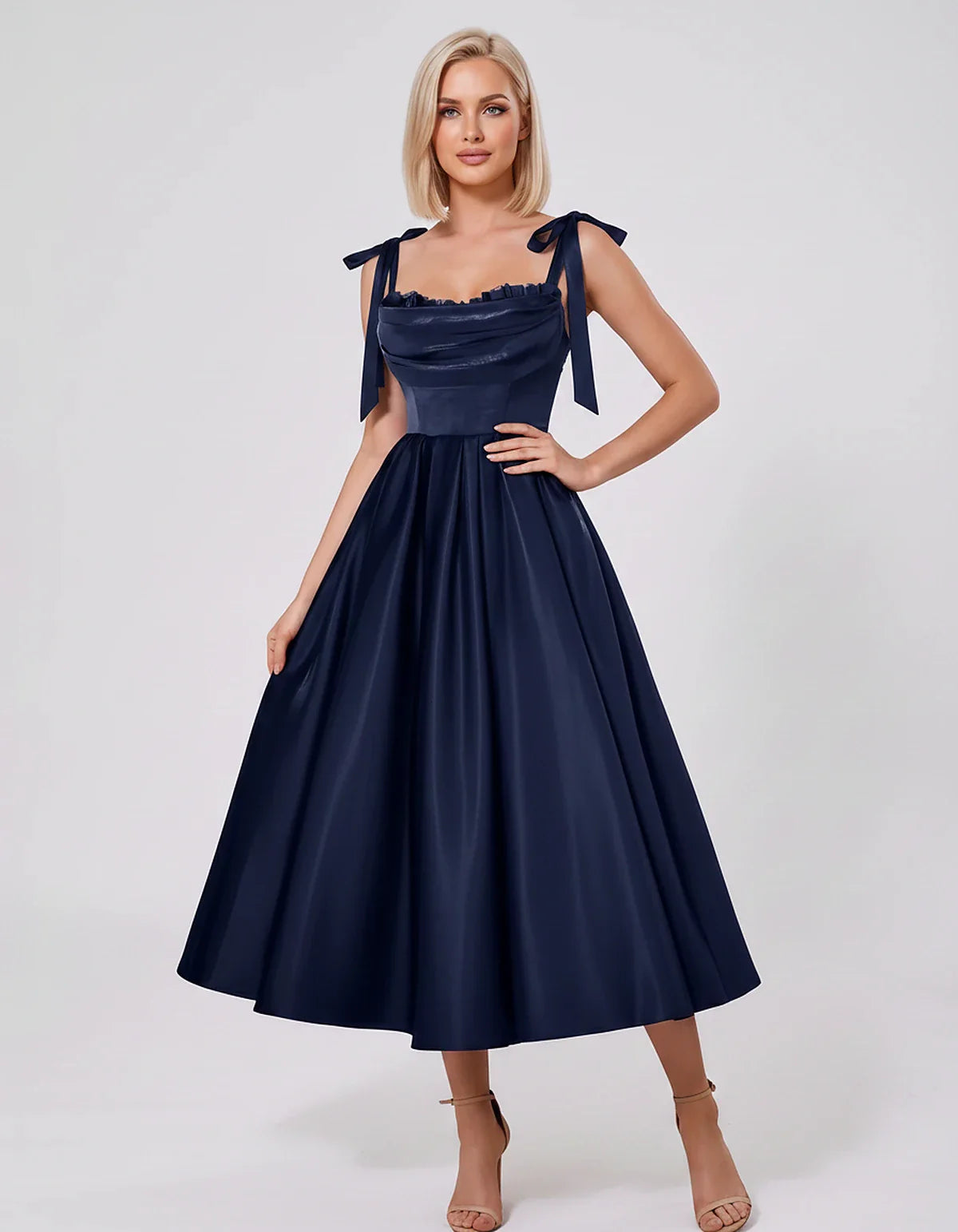 Satin Spaghetti Strap Cowl Neck A-Line Midi Dress with 3D Flowers for Prom, Party, Cocktail, Evening & Wedding Guest Events, | SKU: CM-641758203947516-NAVY-L,CM-641758203947516-NAVY-M,CM-641758203947516-NAVY-S,CM-641758203947516-NAVY-XL,CM-641758203947516-NAVY-XS