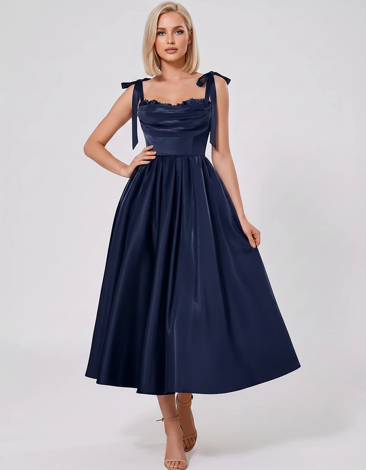 Satin Spaghetti Strap Cowl Neck A-Line Midi Dress with 3D Flowers for Prom, Party, Cocktail, Evening & Wedding Guest Events, | SKU: CM-641758203947516-NAVY-L,CM-641758203947516-NAVY-M,CM-641758203947516-NAVY-S,CM-641758203947516-NAVY-XL,CM-641758203947516-NAVY-XS