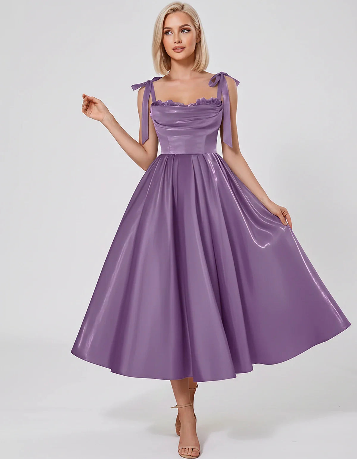 Satin Spaghetti Strap Cowl Neck A-Line Midi Dress with 3D Flowers for Prom, Party, Cocktail, Evening & Wedding Guest Events, | SKU: CM-641758203947516-LILAC-L,CM-641758203947516-LILAC-M,CM-641758203947516-LILAC-S,CM-641758203947516-LILAC-XL,CM-641758203947516-LILAC-XS