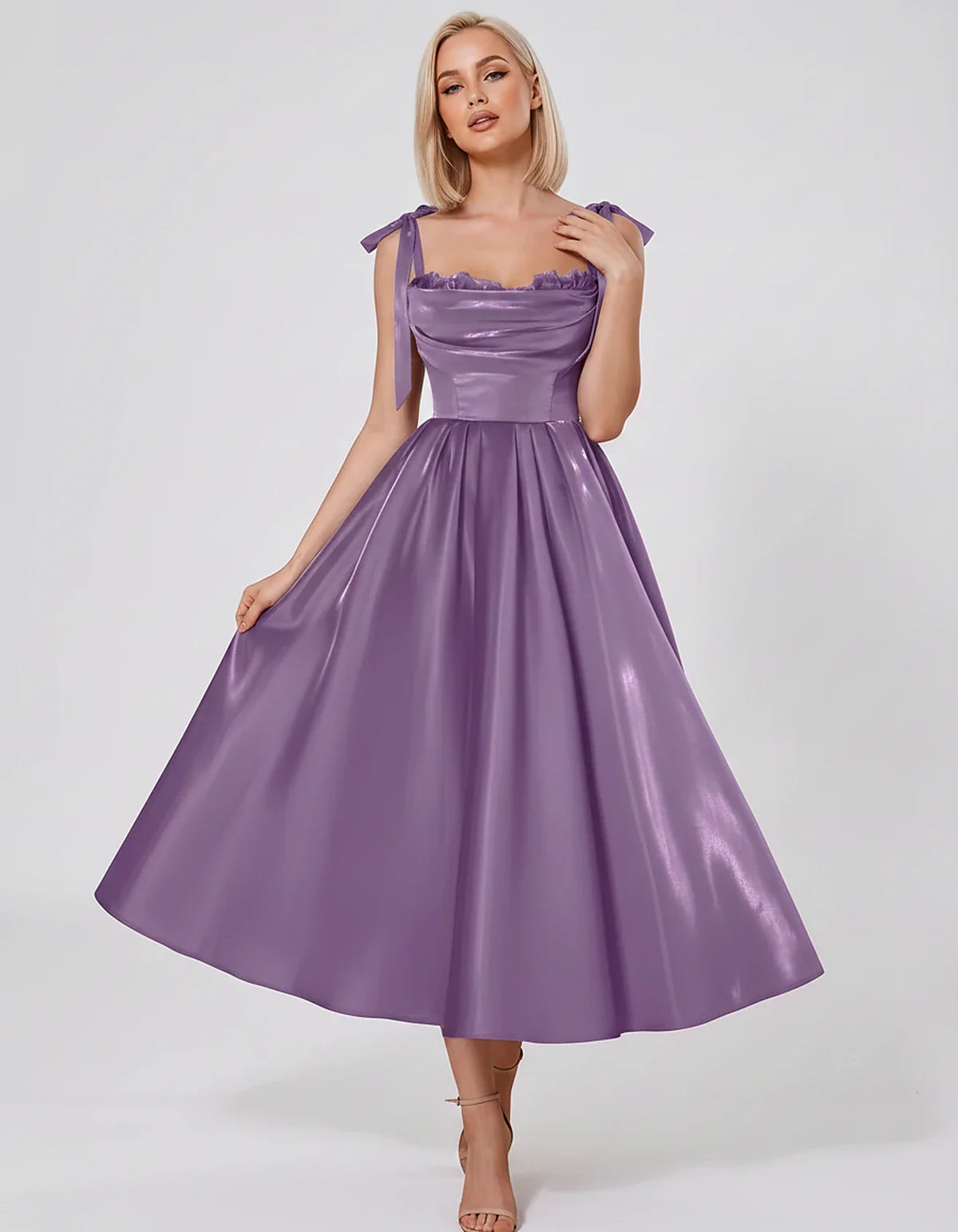 Satin Spaghetti Strap Cowl Neck A-Line Midi Dress with 3D Flowers for Prom, Party, Cocktail, Evening & Wedding Guest Events, | SKU: CM-641758203947516-LILAC-L,CM-641758203947516-LILAC-M,CM-641758203947516-LILAC-S,CM-641758203947516-LILAC-XL,CM-641758203947516-LILAC-XS