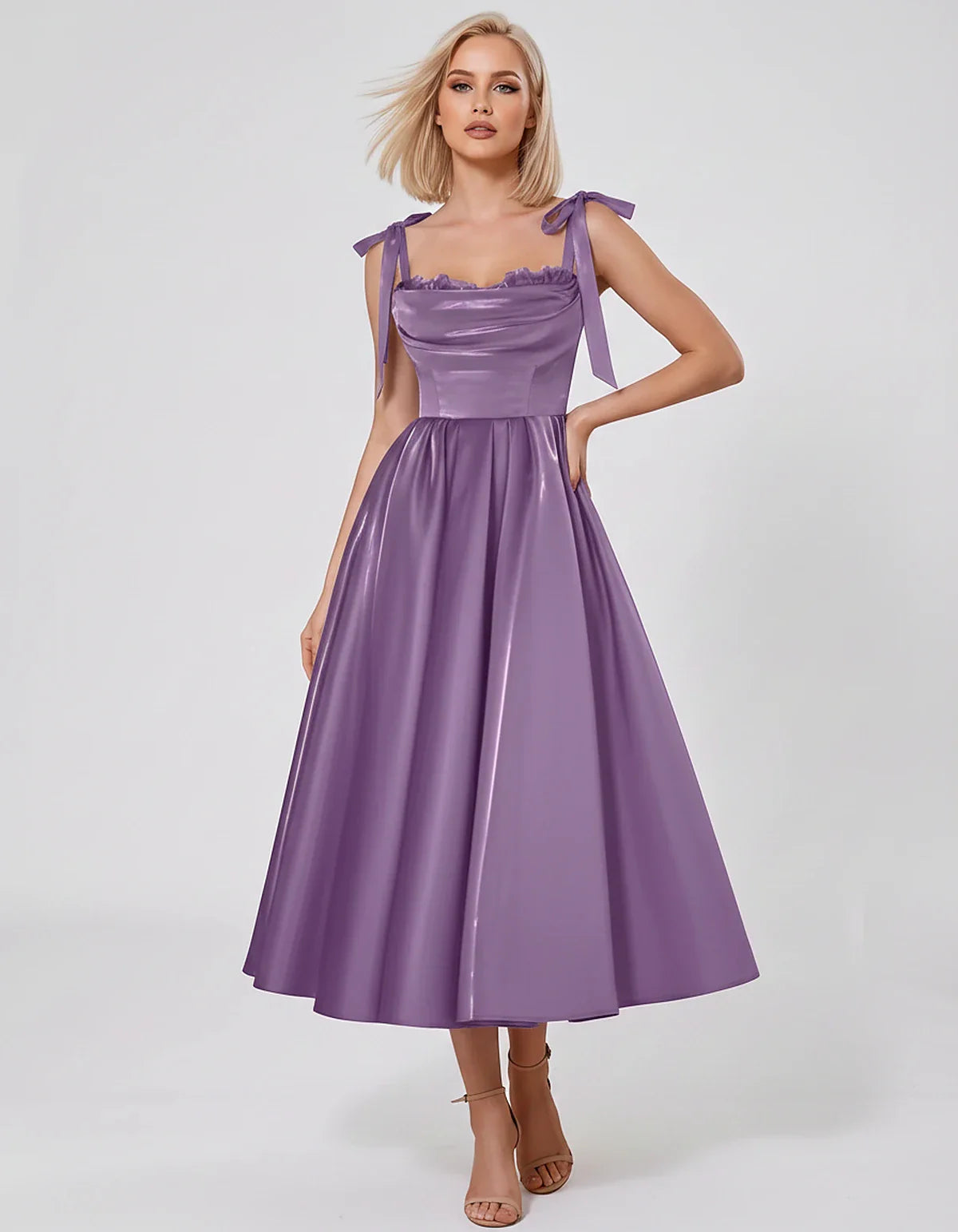 Satin Spaghetti Strap Cowl Neck A-Line Midi Dress with 3D Flowers for Prom, Party, Cocktail, Evening & Wedding Guest Events, | SKU: CM-641758203947516-LILAC-L,CM-641758203947516-LILAC-M,CM-641758203947516-LILAC-S,CM-641758203947516-LILAC-XL,CM-641758203947516-LILAC-XS