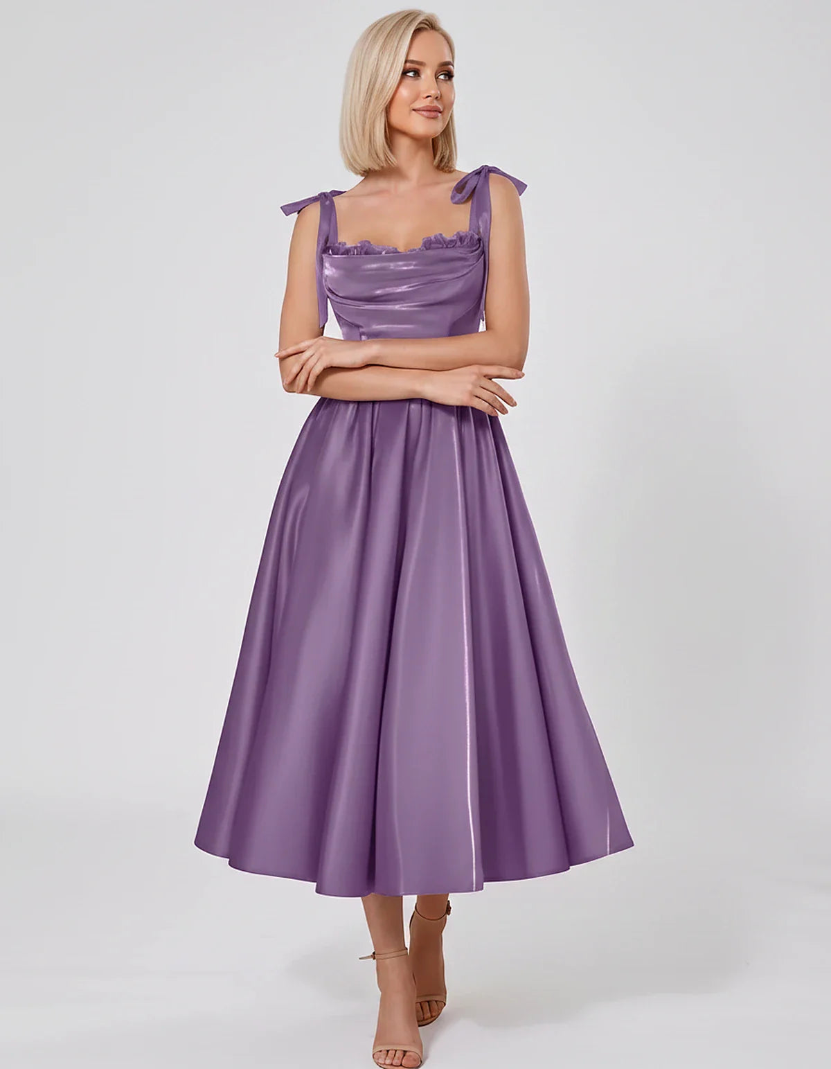 Satin Spaghetti Strap Cowl Neck A-Line Midi Dress with 3D Flowers for Prom, Party, Cocktail, Evening & Wedding Guest Events, | SKU: CM-641758203947516-LILAC-L,CM-641758203947516-LILAC-M,CM-641758203947516-LILAC-S,CM-641758203947516-LILAC-XL,CM-641758203947516-LILAC-XS