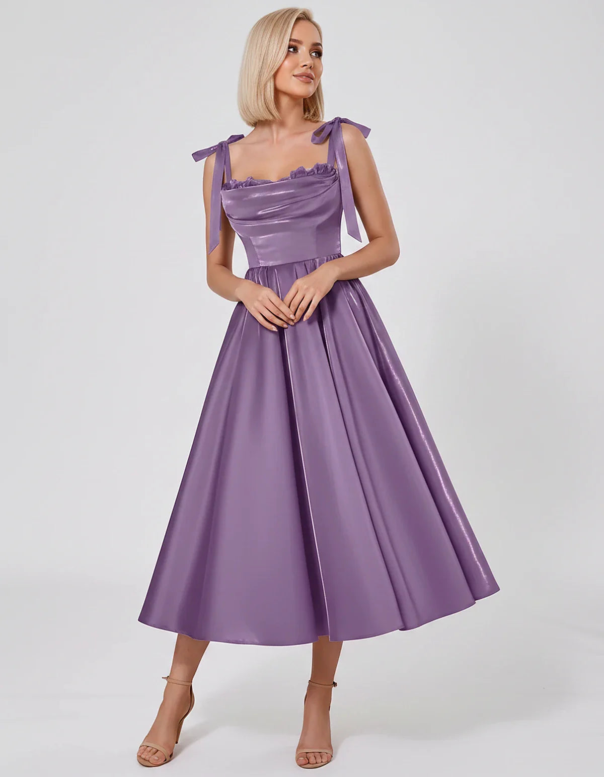 Satin Spaghetti Strap Cowl Neck A-Line Midi Dress with 3D Flowers for Prom, Party, Cocktail, Evening & Wedding Guest Events, | SKU: CM-641758203947516-LILAC-L,CM-641758203947516-LILAC-M,CM-641758203947516-LILAC-S,CM-641758203947516-LILAC-XL,CM-641758203947516-LILAC-XS