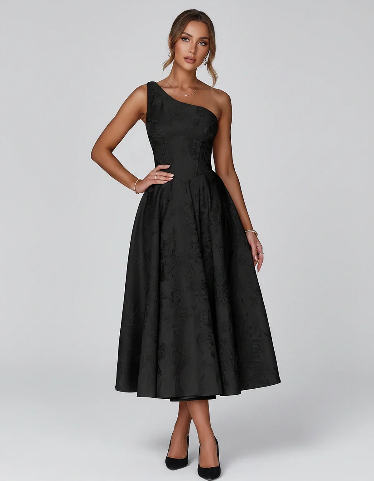 Jacquard Sleeveless One Shoulder A-Line Midi Dress for Party, Cocktail, Evening, Wedding Guest, Summer Formal Events and Cele | SKU: VD-847392615028471-BLACK-L,VD-847392615028471-BLACK-M,VD-847392615028471-BLACK-S,VD-847392615028471-BLACK-XL,VD-847392615028471-BLACK-XS