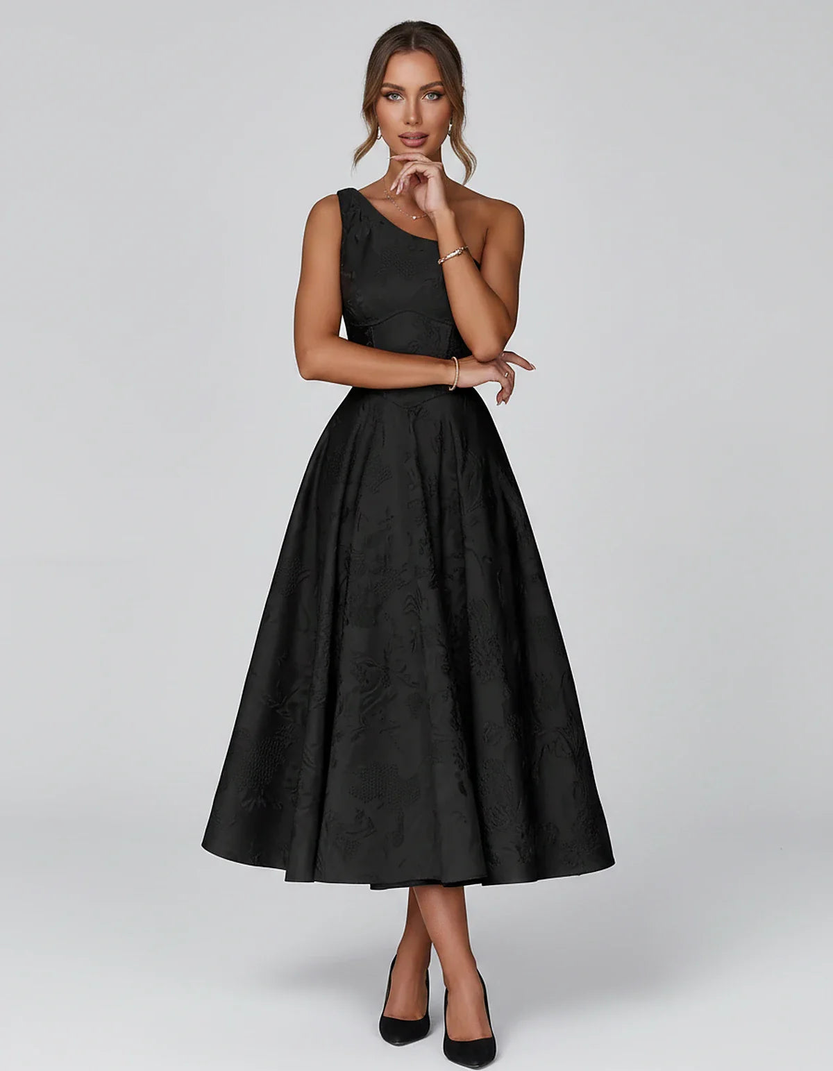 Jacquard Sleeveless One Shoulder A-Line Midi Dress for Party, Cocktail, Evening, Wedding Guest, Summer Formal Events and Cele | SKU: VD-847392615028471-BLACK-L,VD-847392615028471-BLACK-M,VD-847392615028471-BLACK-S,VD-847392615028471-BLACK-XL,VD-847392615028471-BLACK-XS