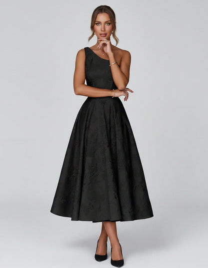 Jacquard Sleeveless One Shoulder A-Line Midi Dress for Party, Cocktail, Evening, Wedding Guest, Summer Formal Events and Cele | SKU: VD-847392615028471-BLACK-L,VD-847392615028471-BLACK-M,VD-847392615028471-BLACK-S,VD-847392615028471-BLACK-XL,VD-847392615028471-BLACK-XS