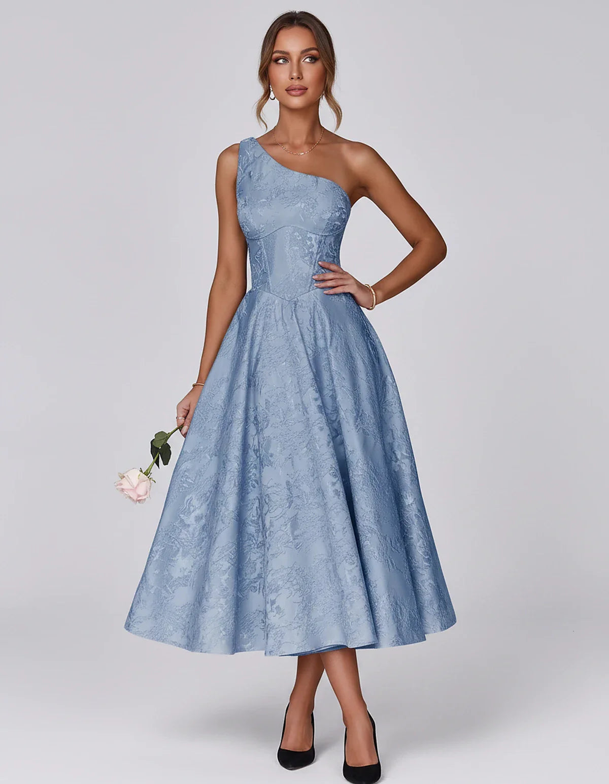 Jacquard Sleeveless One Shoulder A-Line Midi Dress for Party, Cocktail, Evening, Wedding Guest, Summer Formal Events and Cele | SKU: VD-847392615028471-BLUE-L,VD-847392615028471-BLUE-M,VD-847392615028471-BLUE-S,VD-847392615028471-BLUE-XL,VD-847392615028471-BLUE-XS