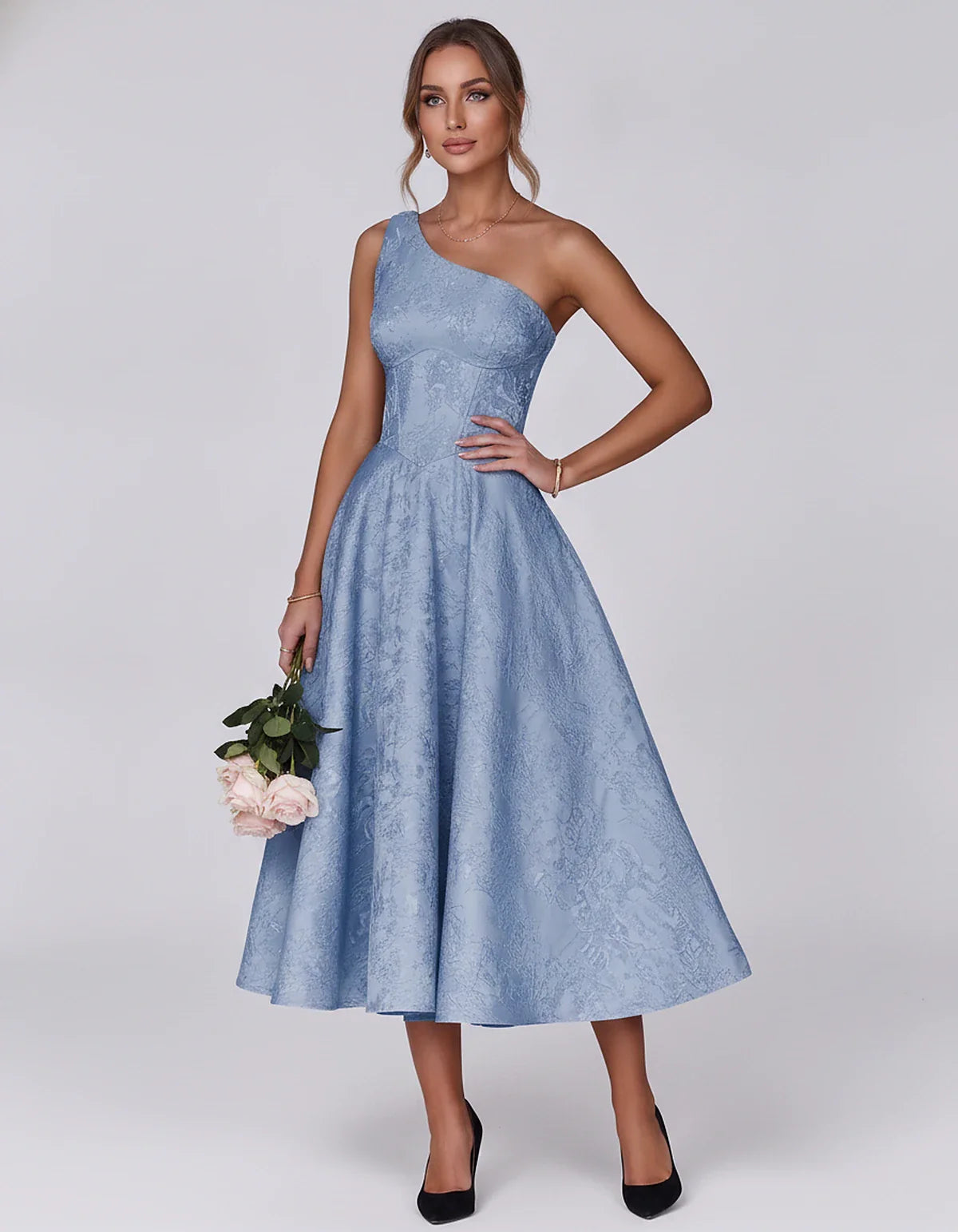 Jacquard Sleeveless One Shoulder A-Line Midi Dress for Party, Cocktail, Evening, Wedding Guest, Summer Formal Events and Cele | SKU: VD-847392615028471-BLUE-L,VD-847392615028471-BLUE-M,VD-847392615028471-BLUE-S,VD-847392615028471-BLUE-XL,VD-847392615028471-BLUE-XS