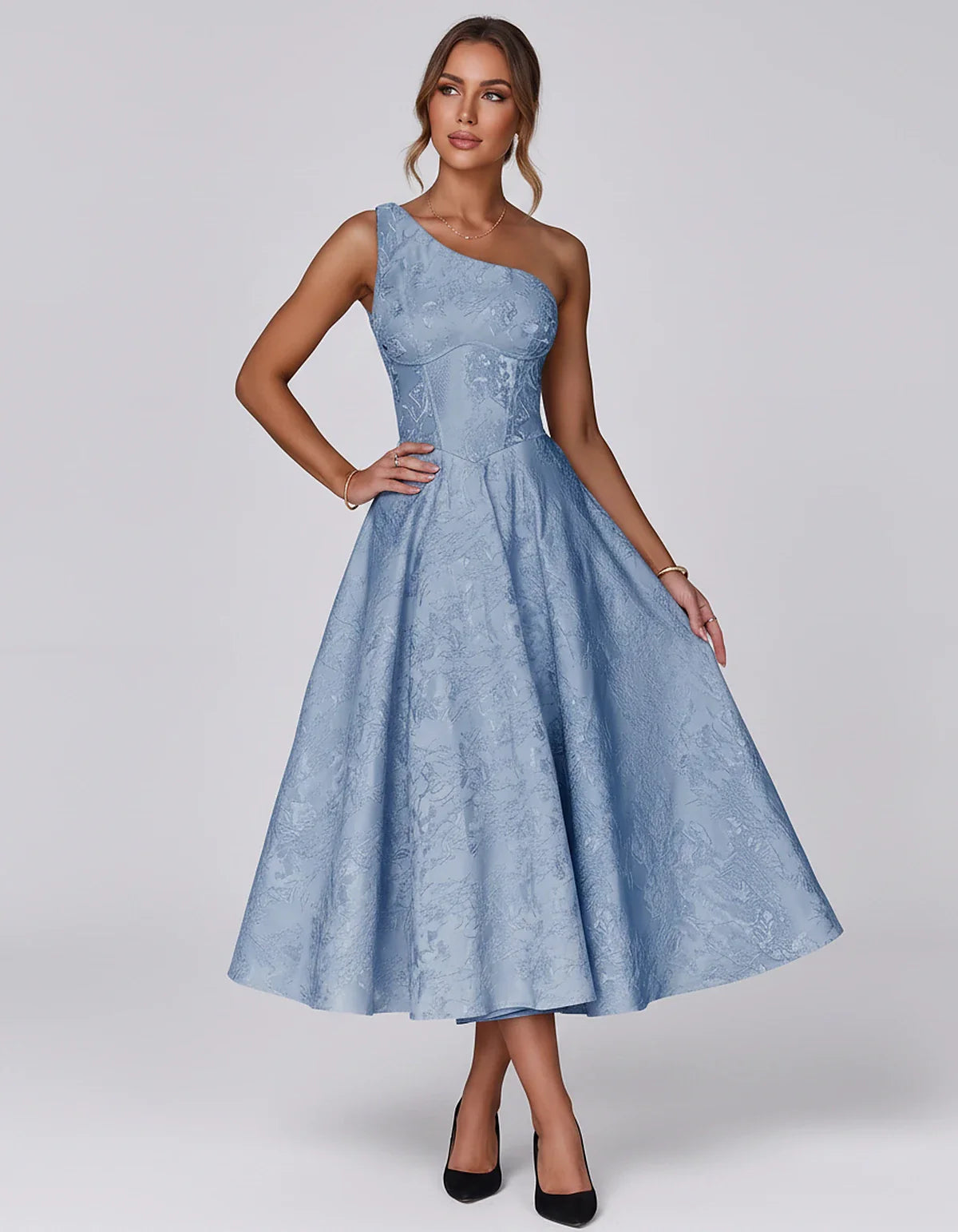 Jacquard Sleeveless One Shoulder A-Line Midi Dress for Party, Cocktail, Evening, Wedding Guest, Summer Formal Events and Cele | SKU: VD-847392615028471-BLUE-L,VD-847392615028471-BLUE-M,VD-847392615028471-BLUE-S,VD-847392615028471-BLUE-XL,VD-847392615028471-BLUE-XS