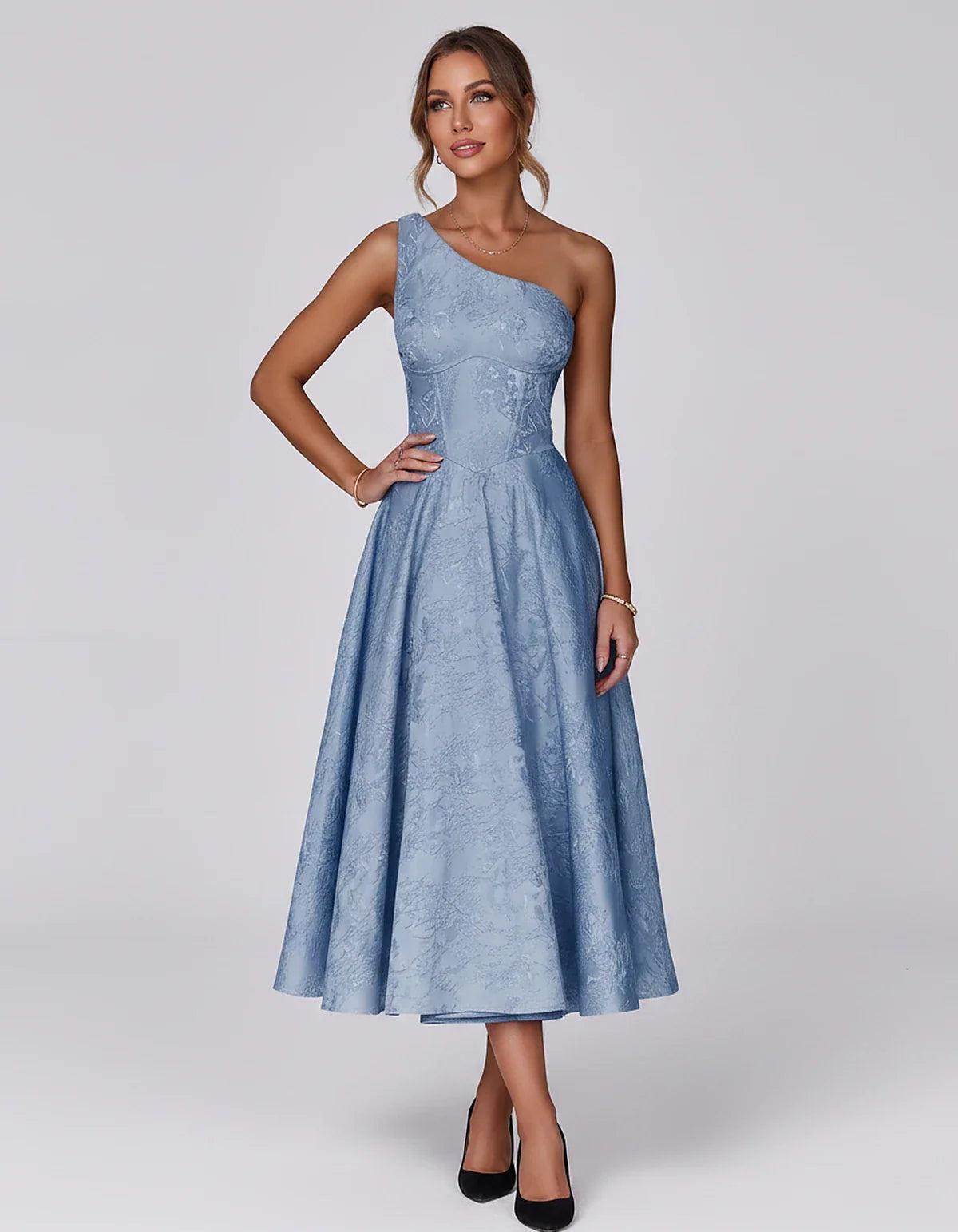 Jacquard Sleeveless One Shoulder A-Line Midi Dress for Party, Cocktail, Evening, Wedding Guest, Summer Formal Events and Cele | SKU: VD-847392615028471-BLUE-L,VD-847392615028471-BLUE-M,VD-847392615028471-BLUE-S,VD-847392615028471-BLUE-XL,VD-847392615028471-BLUE-XS
