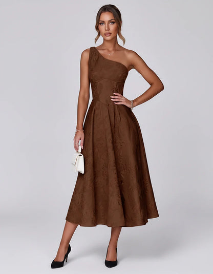 Jacquard Sleeveless One Shoulder A-Line Midi Dress for Party, Cocktail, Evening, Wedding Guest, Summer Formal Events and Cele | SKU: VD-847392615028471-BROWN-L,VD-847392615028471-BROWN-M,VD-847392615028471-BROWN-S,VD-847392615028471-BROWN-XL,VD-847392615028471-BROWN-XS