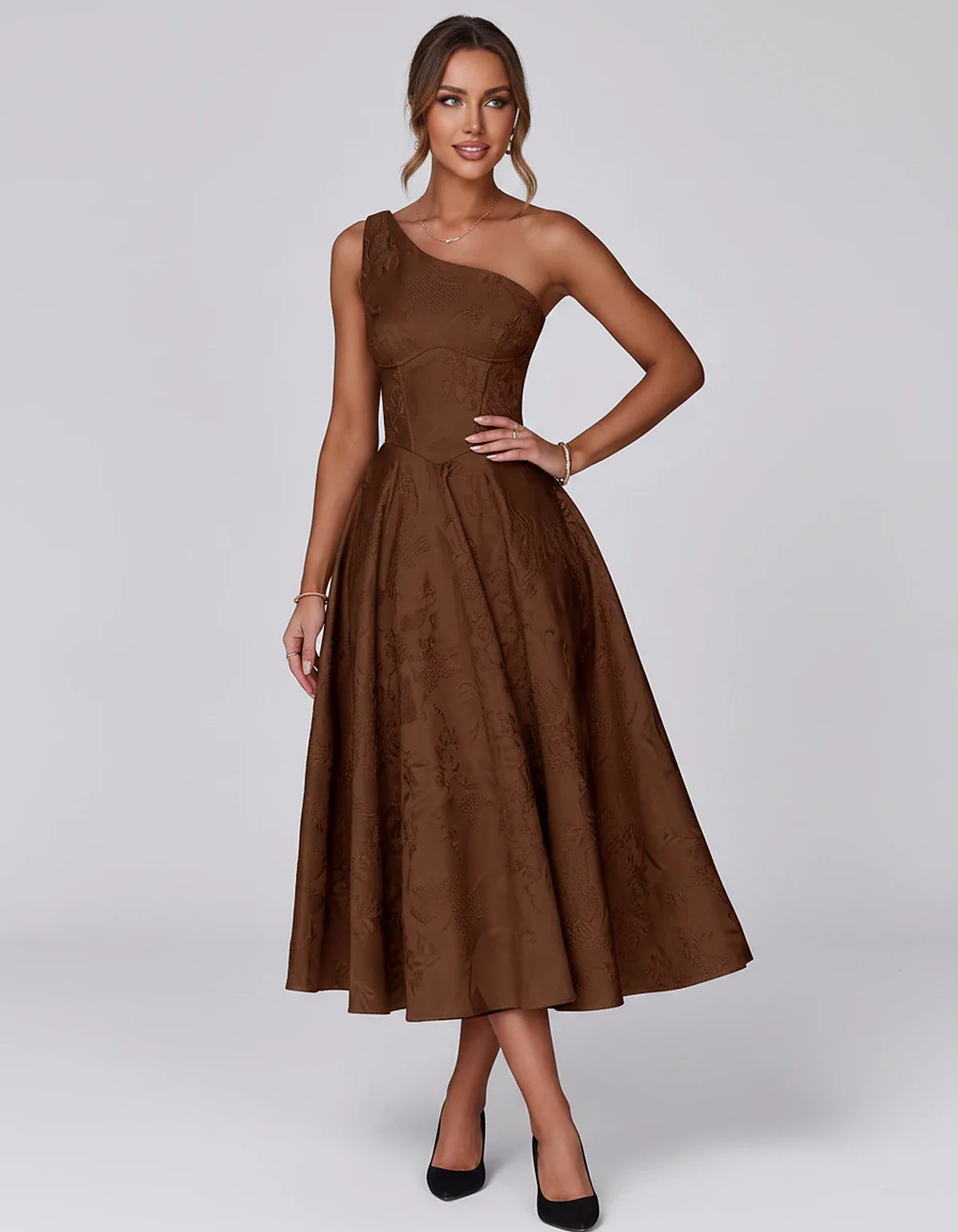 Jacquard Sleeveless One Shoulder A-Line Midi Dress for Party, Cocktail, Evening, Wedding Guest, Summer Formal Events and Cele | SKU: VD-847392615028471-BROWN-L,VD-847392615028471-BROWN-M,VD-847392615028471-BROWN-S,VD-847392615028471-BROWN-XL,VD-847392615028471-BROWN-XS