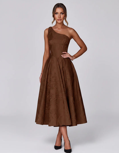 Jacquard Sleeveless One Shoulder A-Line Midi Dress for Party, Cocktail, Evening, Wedding Guest, Summer Formal Events and Cele | SKU: VD-847392615028471-BROWN-L,VD-847392615028471-BROWN-M,VD-847392615028471-BROWN-S,VD-847392615028471-BROWN-XL,VD-847392615028471-BROWN-XS
