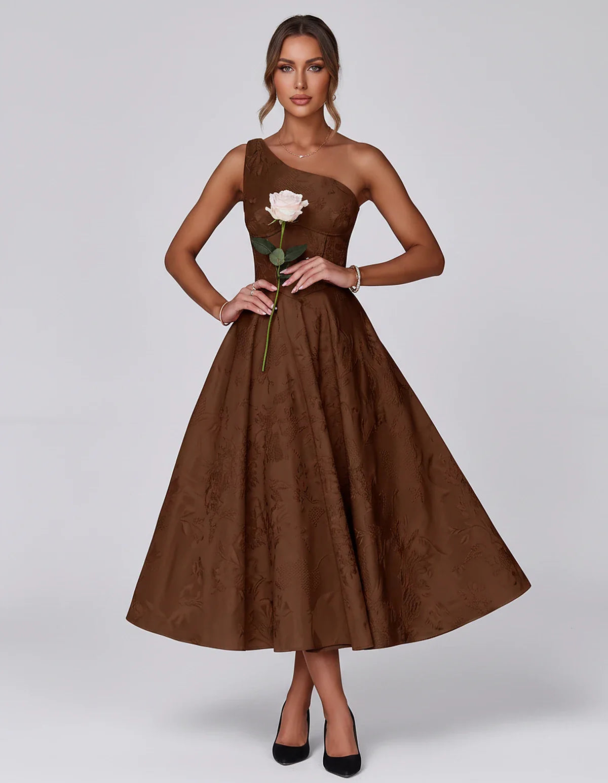 Jacquard Sleeveless One Shoulder A-Line Midi Dress for Party, Cocktail, Evening, Wedding Guest, Summer Formal Events and Cele | SKU: VD-847392615028471-BROWN-L,VD-847392615028471-BROWN-M,VD-847392615028471-BROWN-S,VD-847392615028471-BROWN-XL,VD-847392615028471-BROWN-XS
