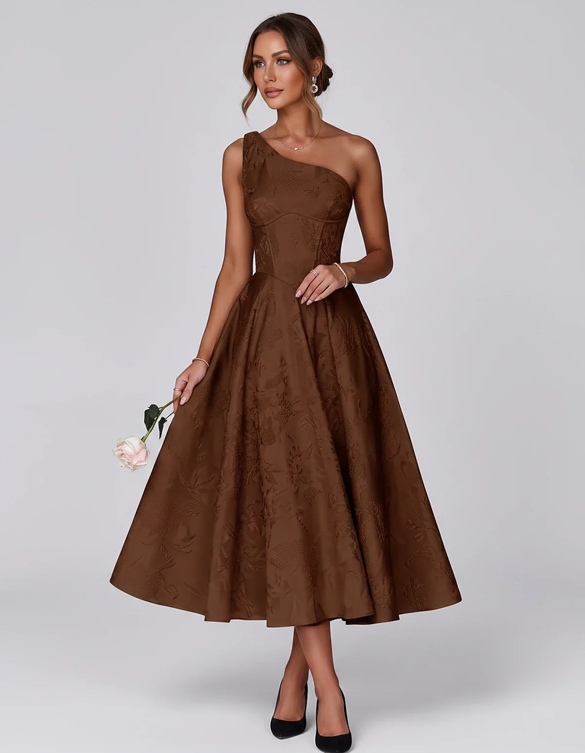 Jacquard Sleeveless One Shoulder A-Line Midi Dress for Party, Cocktail, Evening, Wedding Guest, Summer Formal Events and Cele | SKU: VD-847392615028471-BROWN-L,VD-847392615028471-BROWN-M,VD-847392615028471-BROWN-S,VD-847392615028471-BROWN-XL,VD-847392615028471-BROWN-XS