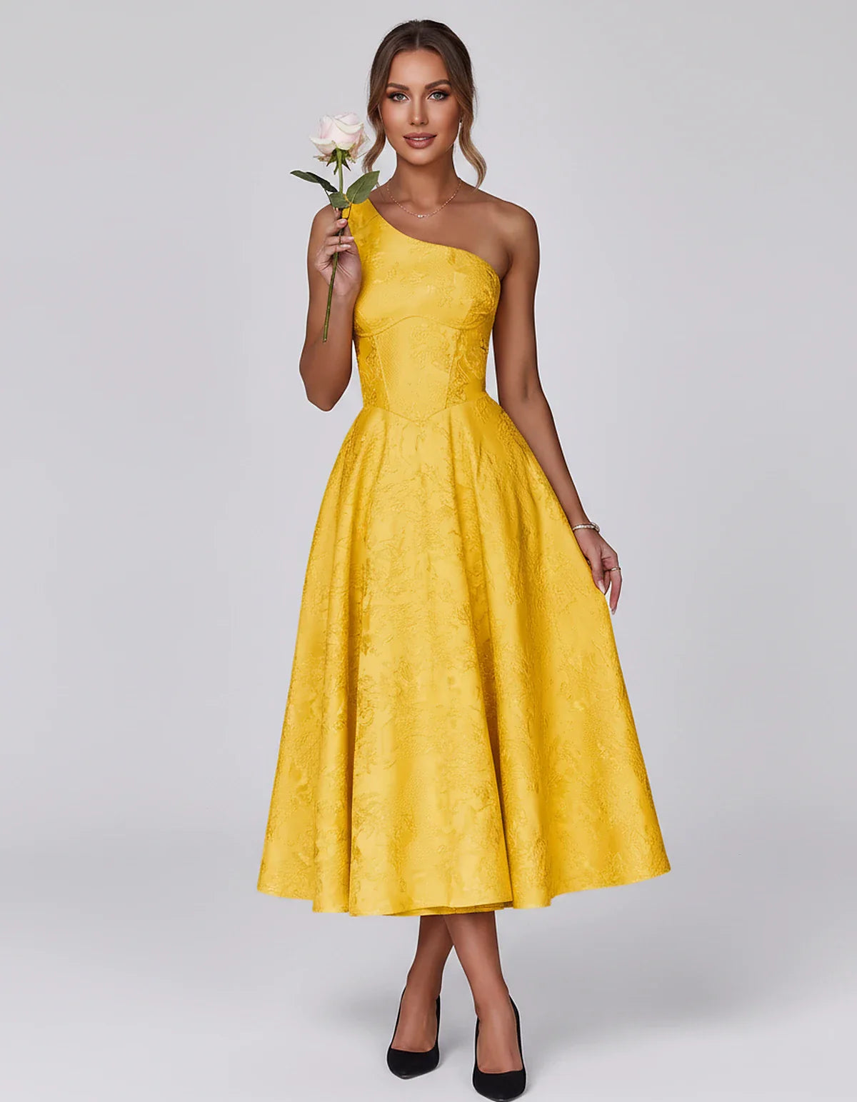 Jacquard Sleeveless One Shoulder A-Line Midi Dress for Party, Cocktail, Evening, Wedding Guest, Summer Formal Events and Cele | SKU: VD-847392615028471-GOLD-L,VD-847392615028471-GOLD-M,VD-847392615028471-GOLD-S,VD-847392615028471-GOLD-XL,VD-847392615028471-GOLD-XS