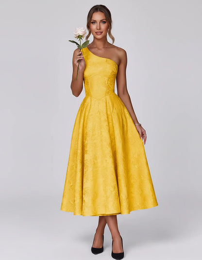 Jacquard Sleeveless One Shoulder A-Line Midi Dress for Party, Cocktail, Evening, Wedding Guest, Summer Formal Events and Cele | SKU: VD-847392615028471-GOLD-L,VD-847392615028471-GOLD-M,VD-847392615028471-GOLD-S,VD-847392615028471-GOLD-XL,VD-847392615028471-GOLD-XS