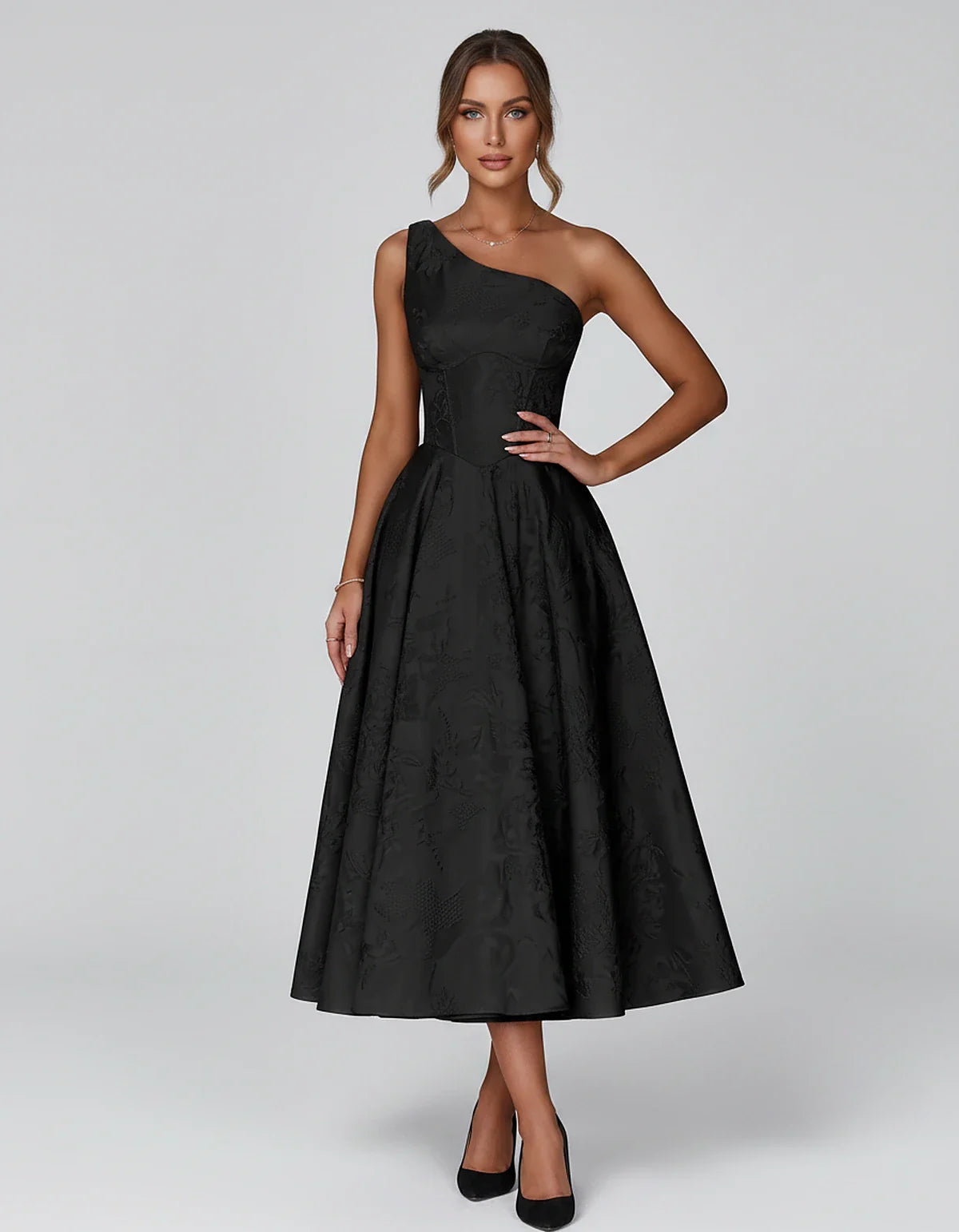 Jacquard Sleeveless One Shoulder A-Line Midi Dress for Party, Cocktail, Evening, Wedding Guest, Summer Formal Events and Cele | SKU: VD-847392615028471-BLACK-L,VD-847392615028471-BLACK-M,VD-847392615028471-BLACK-S,VD-847392615028471-BLACK-XL,VD-847392615028471-BLACK-XS