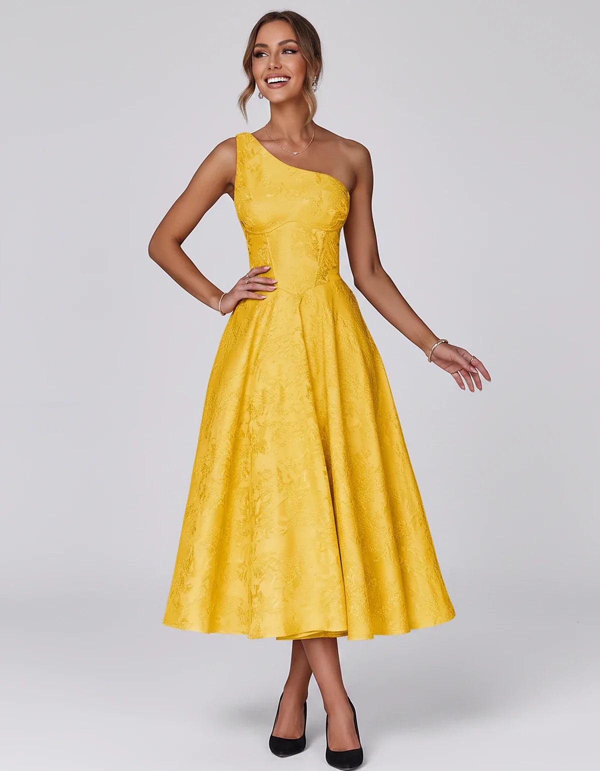 Jacquard Sleeveless One Shoulder A-Line Midi Dress for Party, Cocktail, Evening, Wedding Guest, Summer Formal Events and Cele | SKU: VD-847392615028471-GOLD-L,VD-847392615028471-GOLD-M,VD-847392615028471-GOLD-S,VD-847392615028471-GOLD-XL,VD-847392615028471-GOLD-XS