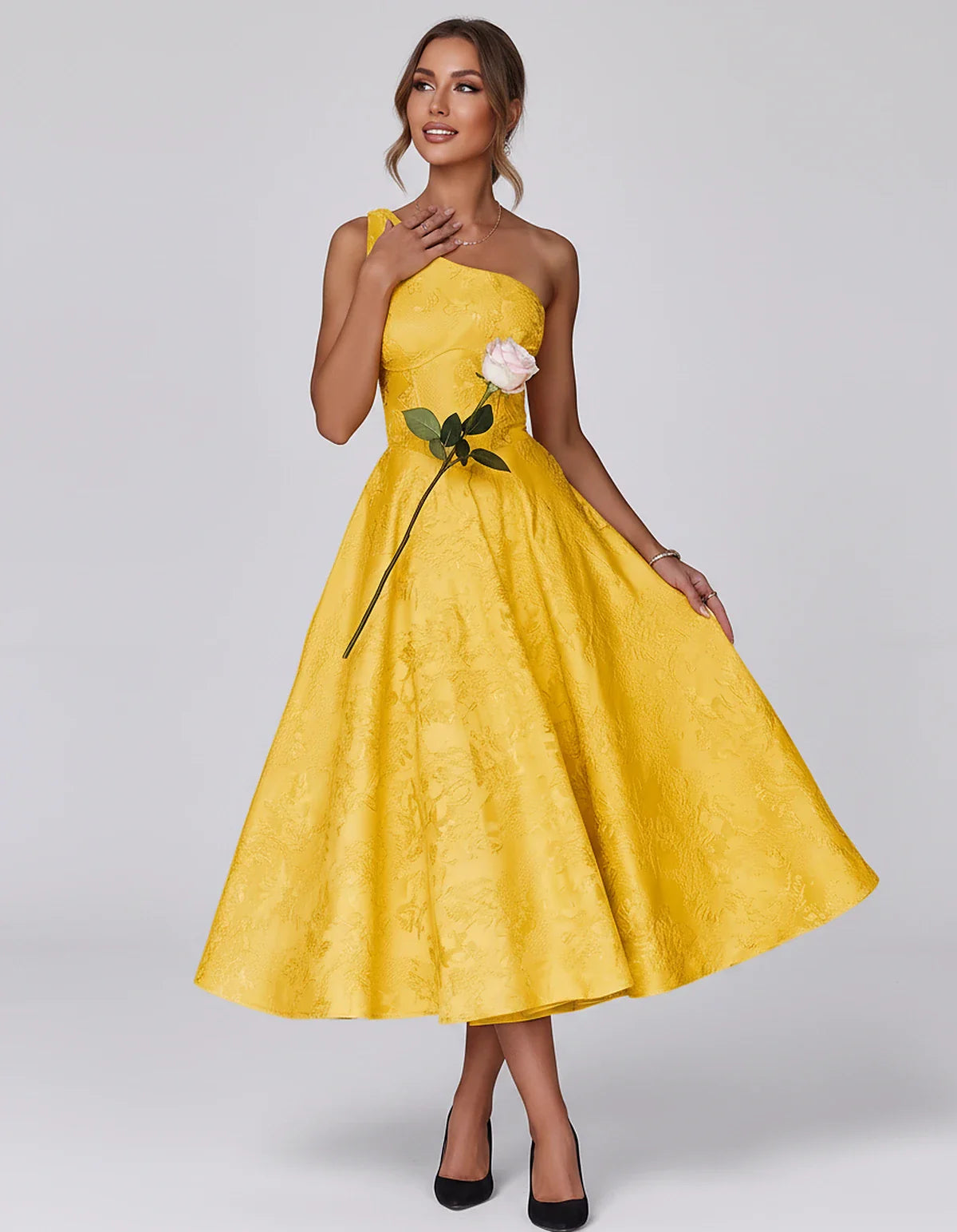 Jacquard Sleeveless One Shoulder A-Line Midi Dress for Party, Cocktail, Evening, Wedding Guest, Summer Formal Events and Cele | SKU: VD-847392615028471-GOLD-L,VD-847392615028471-GOLD-M,VD-847392615028471-GOLD-S,VD-847392615028471-GOLD-XL,VD-847392615028471-GOLD-XS