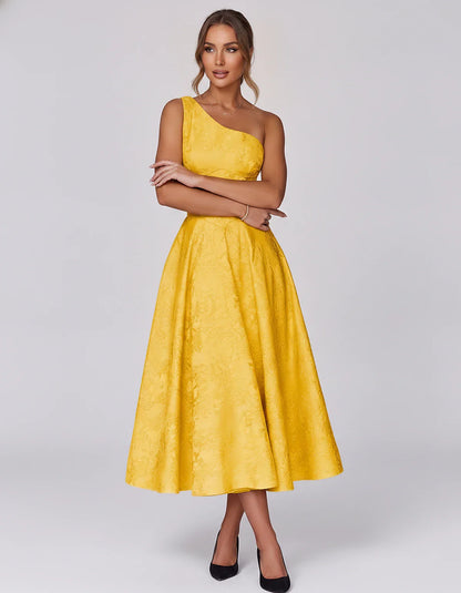 Jacquard Sleeveless One Shoulder A-Line Midi Dress for Party, Cocktail, Evening, Wedding Guest, Summer Formal Events and Cele | SKU: VD-847392615028471-GOLD-L,VD-847392615028471-GOLD-M,VD-847392615028471-GOLD-S,VD-847392615028471-GOLD-XL,VD-847392615028471-GOLD-XS