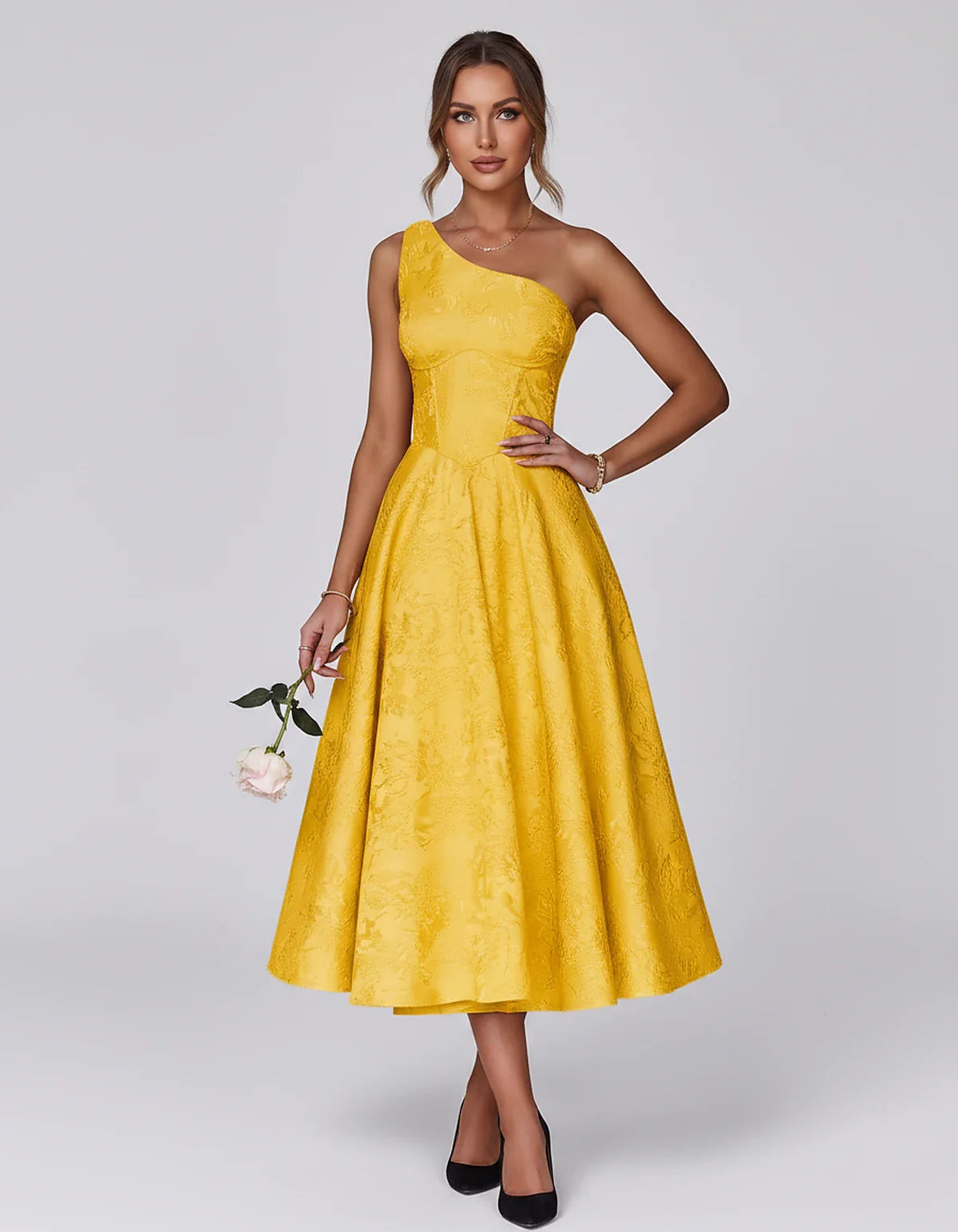 Jacquard Sleeveless One Shoulder A-Line Midi Dress for Party, Cocktail, Evening, Wedding Guest, Summer Formal Events and Cele | SKU: VD-847392615028471-GOLD-L,VD-847392615028471-GOLD-M,VD-847392615028471-GOLD-S,VD-847392615028471-GOLD-XL,VD-847392615028471-GOLD-XS