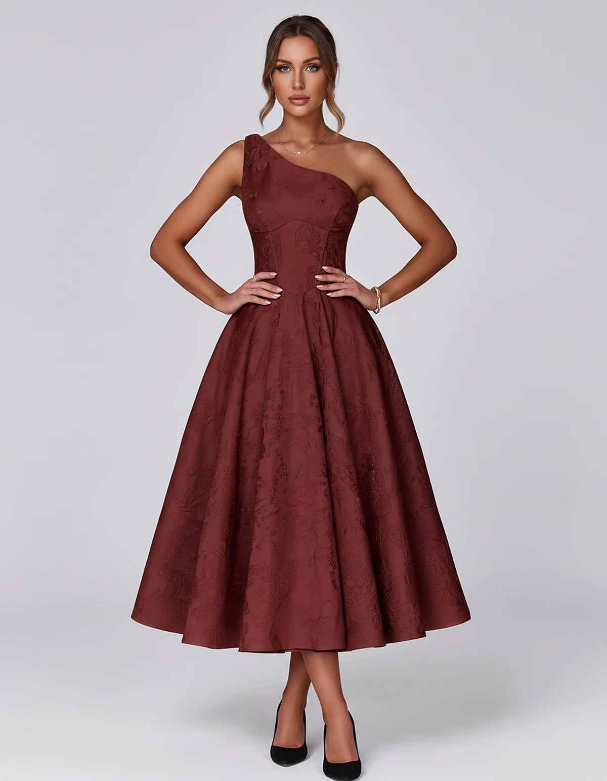 Jacquard Sleeveless One Shoulder A-Line Midi Dress for Party, Cocktail, Evening, Wedding Guest, Summer Formal Events and Cele | SKU: VD-847392615028471-BURGUNDY-L,VD-847392615028471-BURGUNDY-M,VD-847392615028471-BURGUNDY-S,VD-847392615028471-BURGUNDY-XL,VD-847392615028471-BURGUNDY-XS