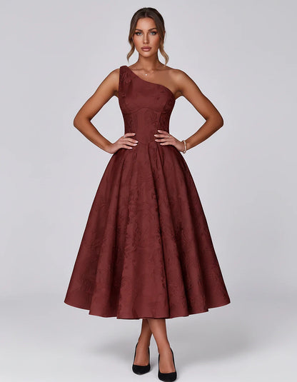Jacquard Sleeveless One Shoulder A-Line Midi Dress for Party, Cocktail, Evening, Wedding Guest, Summer Formal Events and Cele | SKU: VD-847392615028471-BURGUNDY-L,VD-847392615028471-BURGUNDY-M,VD-847392615028471-BURGUNDY-S,VD-847392615028471-BURGUNDY-XL,VD-847392615028471-BURGUNDY-XS