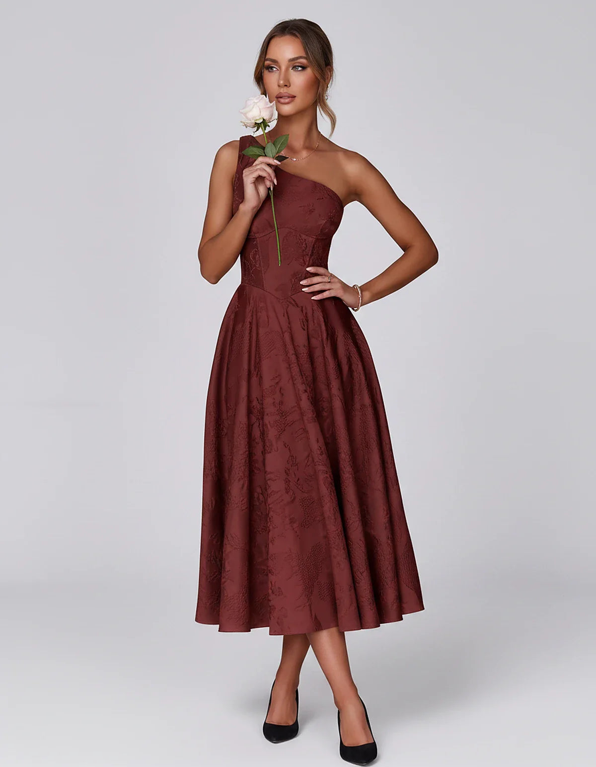 Jacquard Sleeveless One Shoulder A-Line Midi Dress for Party, Cocktail, Evening, Wedding Guest, Summer Formal Events and Cele | SKU: VD-847392615028471-BURGUNDY-L,VD-847392615028471-BURGUNDY-M,VD-847392615028471-BURGUNDY-S,VD-847392615028471-BURGUNDY-XL,VD-847392615028471-BURGUNDY-XS