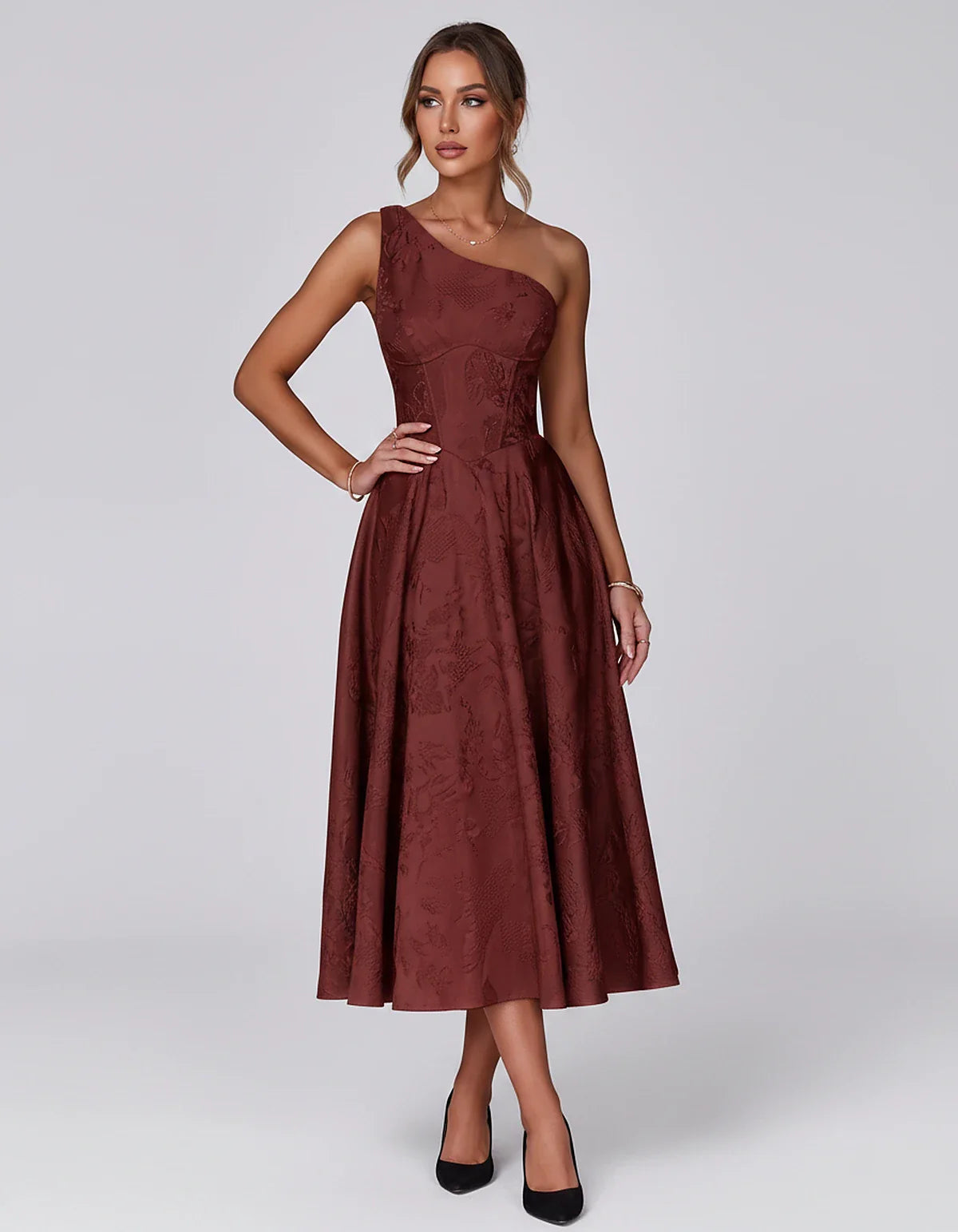 Jacquard Sleeveless One Shoulder A-Line Midi Dress for Party, Cocktail, Evening, Wedding Guest, Summer Formal Events and Cele | SKU: VD-847392615028471-BURGUNDY-L,VD-847392615028471-BURGUNDY-M,VD-847392615028471-BURGUNDY-S,VD-847392615028471-BURGUNDY-XL,VD-847392615028471-BURGUNDY-XS