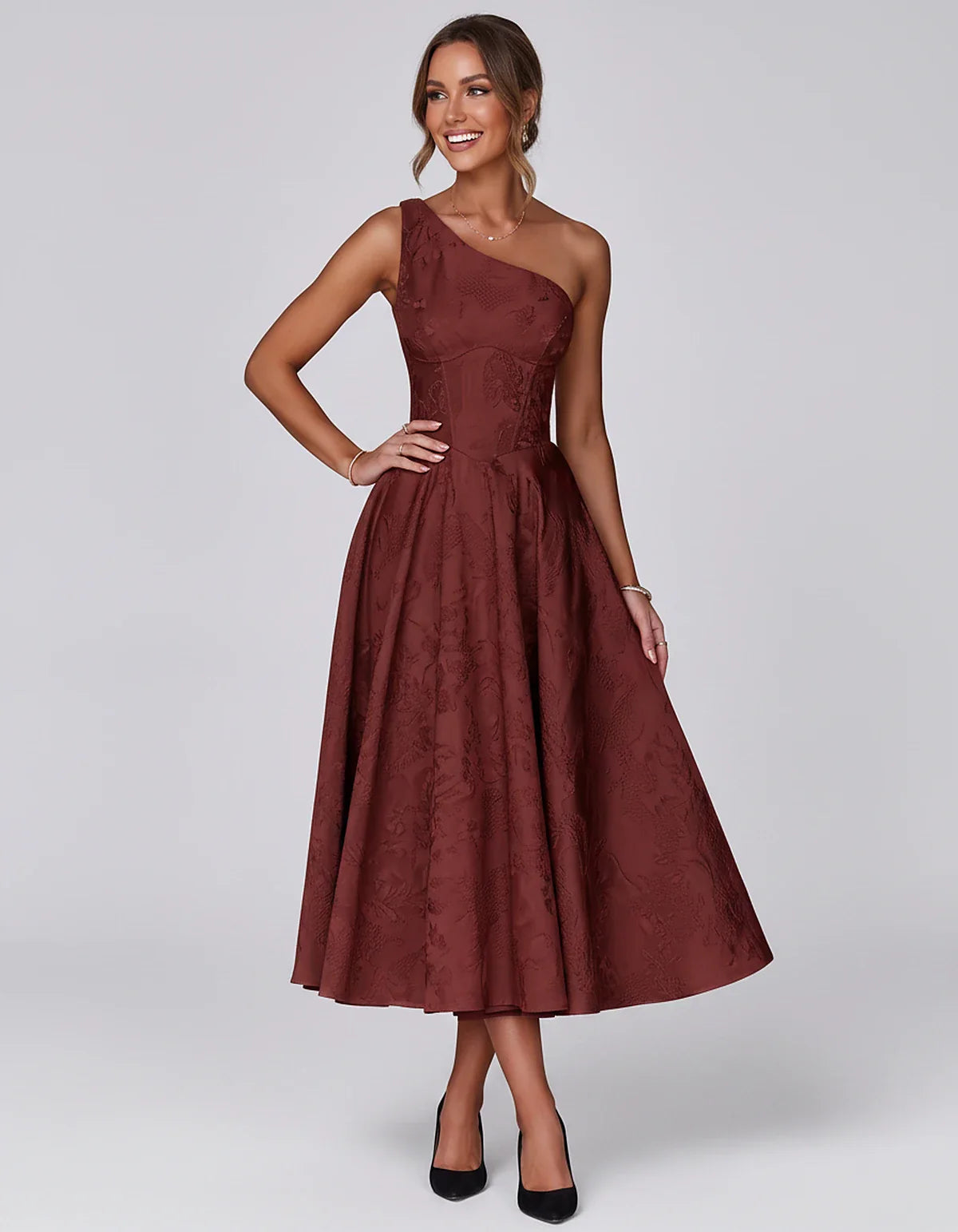 Jacquard Sleeveless One Shoulder A-Line Midi Dress for Party, Cocktail, Evening, Wedding Guest, Summer Formal Events and Cele | SKU: VD-847392615028471-BURGUNDY-L,VD-847392615028471-BURGUNDY-M,VD-847392615028471-BURGUNDY-S,VD-847392615028471-BURGUNDY-XL,VD-847392615028471-BURGUNDY-XS