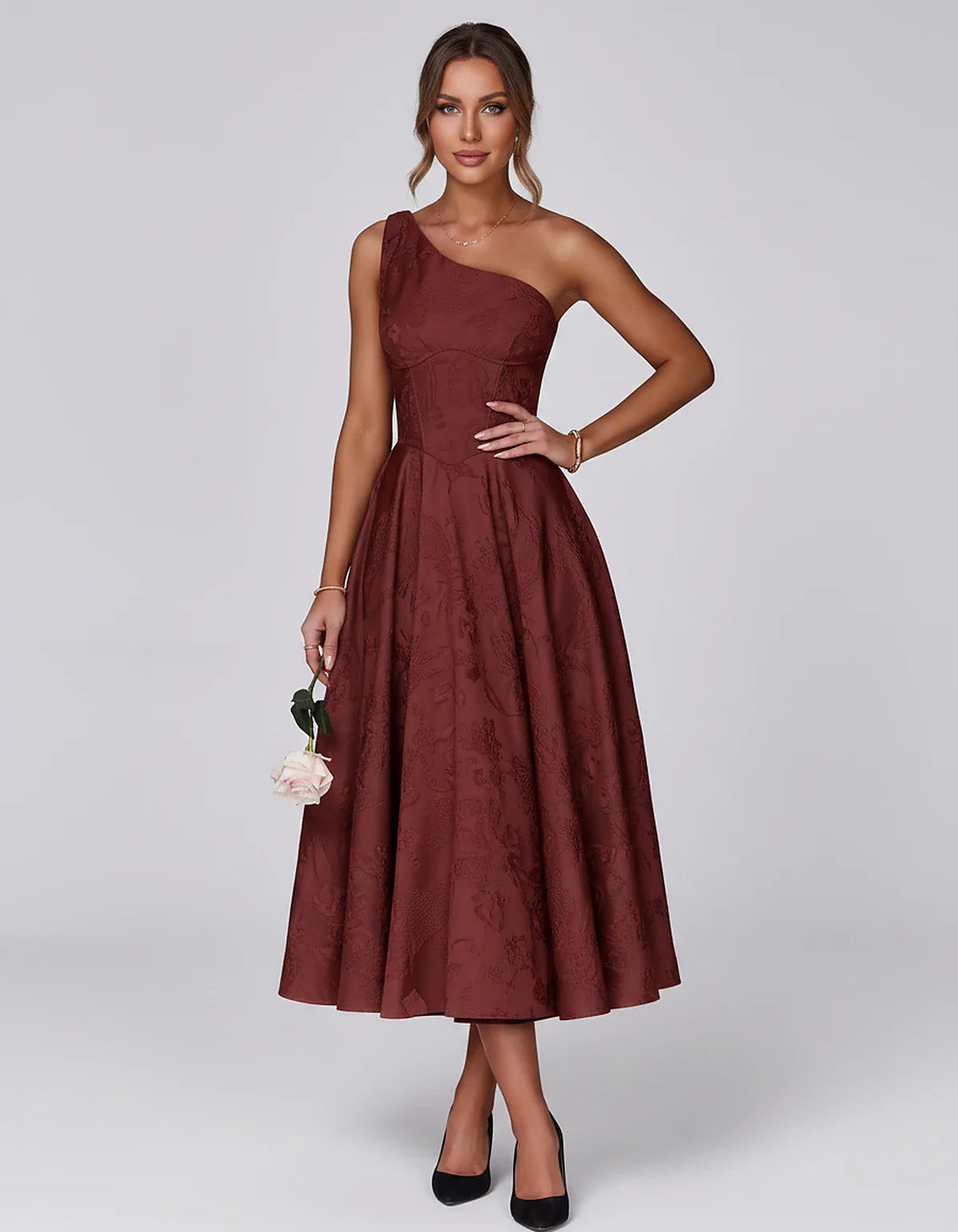 Jacquard Sleeveless One Shoulder A-Line Midi Dress for Party, Cocktail, Evening, Wedding Guest, Summer Formal Events and Cele | SKU: VD-847392615028471-BURGUNDY-L,VD-847392615028471-BURGUNDY-M,VD-847392615028471-BURGUNDY-S,VD-847392615028471-BURGUNDY-XL,VD-847392615028471-BURGUNDY-XS