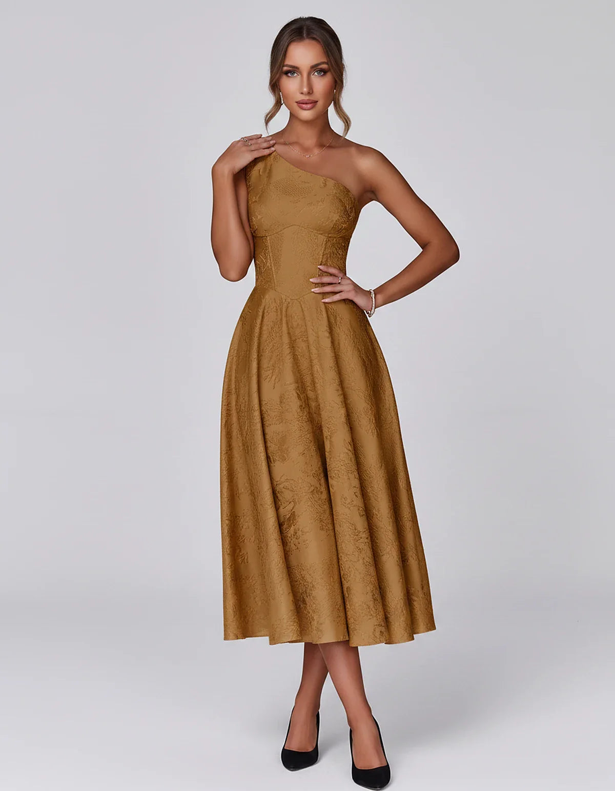 Jacquard Sleeveless One Shoulder A-Line Midi Dress for Party, Cocktail, Evening, Wedding Guest, Summer Formal Events and Cele | SKU: VD-847392615028471-BURNTORANGE-L,VD-847392615028471-BURNTORANGE-M,VD-847392615028471-BURNTORANGE-S,VD-847392615028471-BURNTORANGE-XL,VD-847392615028471-BURNTORANGE-XS