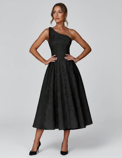 Jacquard Sleeveless One Shoulder A-Line Midi Dress for Party, Cocktail, Evening, Wedding Guest, Summer Formal Events and Cele | SKU: VD-847392615028471-BLACK-L,VD-847392615028471-BLACK-M,VD-847392615028471-BLACK-S,VD-847392615028471-BLACK-XL,VD-847392615028471-BLACK-XS