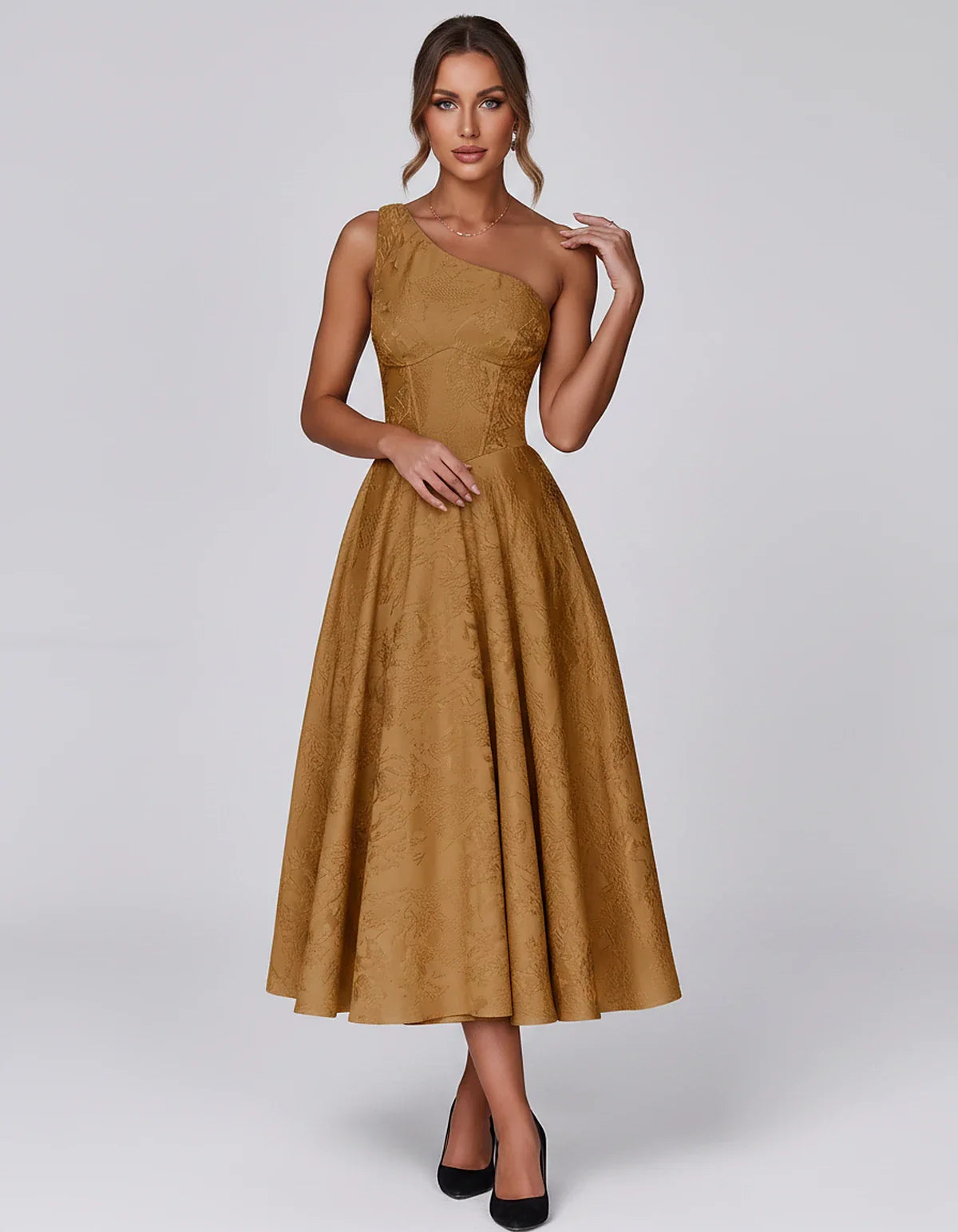 Jacquard Sleeveless One Shoulder A-Line Midi Dress for Party, Cocktail, Evening, Wedding Guest, Summer Formal Events and Cele | SKU: VD-847392615028471-BURNTORANGE-L,VD-847392615028471-BURNTORANGE-M,VD-847392615028471-BURNTORANGE-S,VD-847392615028471-BURNTORANGE-XL,VD-847392615028471-BURNTORANGE-XS