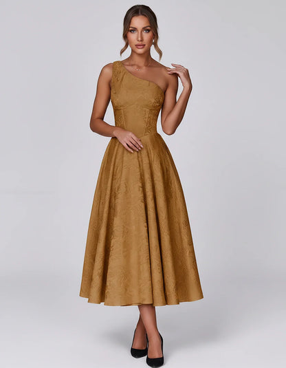 Jacquard Sleeveless One Shoulder A-Line Midi Dress for Party, Cocktail, Evening, Wedding Guest, Summer Formal Events and Cele | SKU: VD-847392615028471-BURNTORANGE-L,VD-847392615028471-BURNTORANGE-M,VD-847392615028471-BURNTORANGE-S,VD-847392615028471-BURNTORANGE-XL,VD-847392615028471-BURNTORANGE-XS