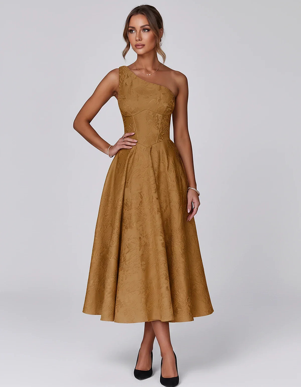 Jacquard Sleeveless One Shoulder A-Line Midi Dress for Party, Cocktail, Evening, Wedding Guest, Summer Formal Events and Cele | SKU: VD-847392615028471-BURNTORANGE-L,VD-847392615028471-BURNTORANGE-M,VD-847392615028471-BURNTORANGE-S,VD-847392615028471-BURNTORANGE-XL,VD-847392615028471-BURNTORANGE-XS